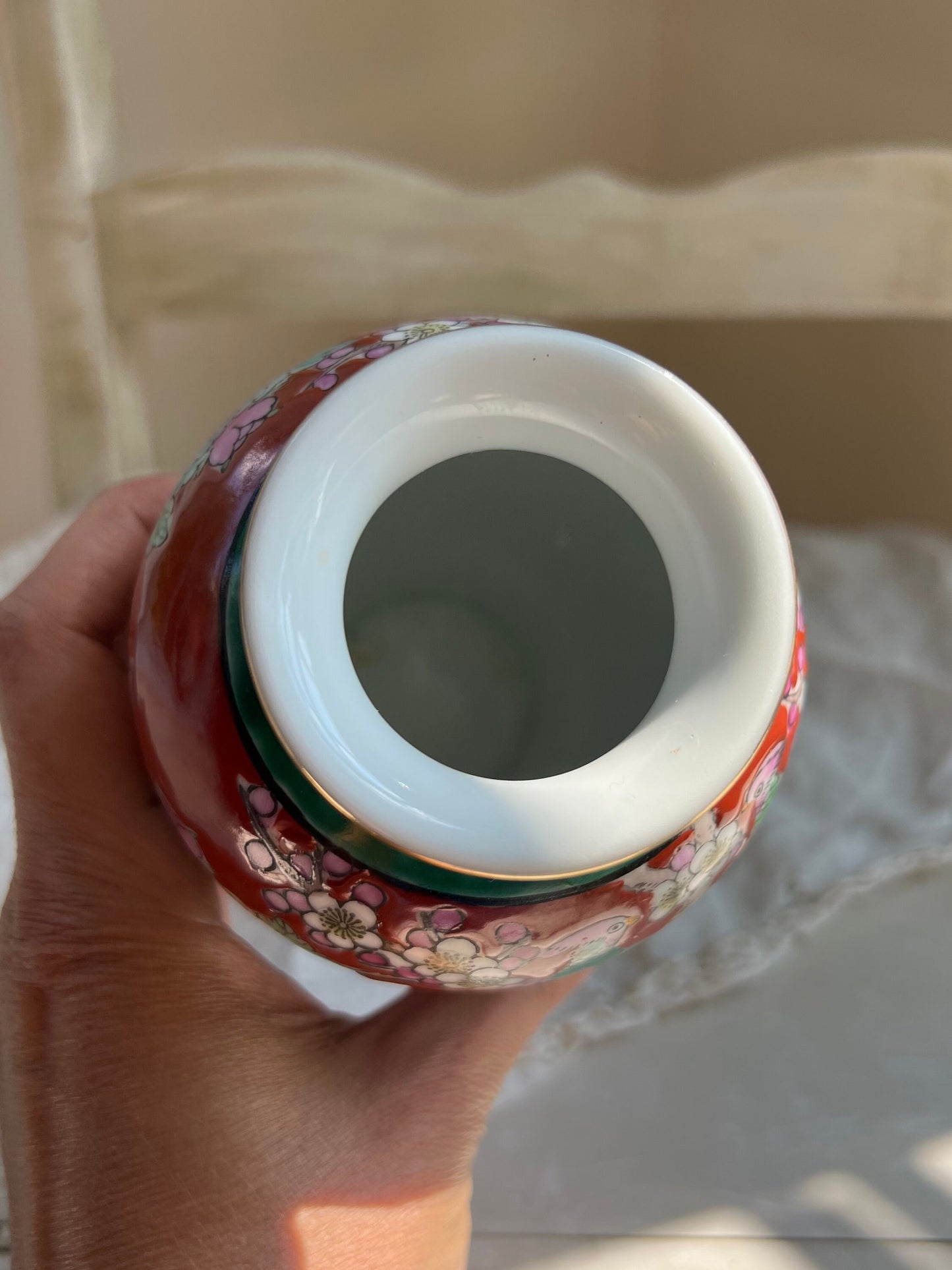 Beautiful Vintage Japanese Porcelain Hand Painted Vase with Birds & Flowers, 6" tall