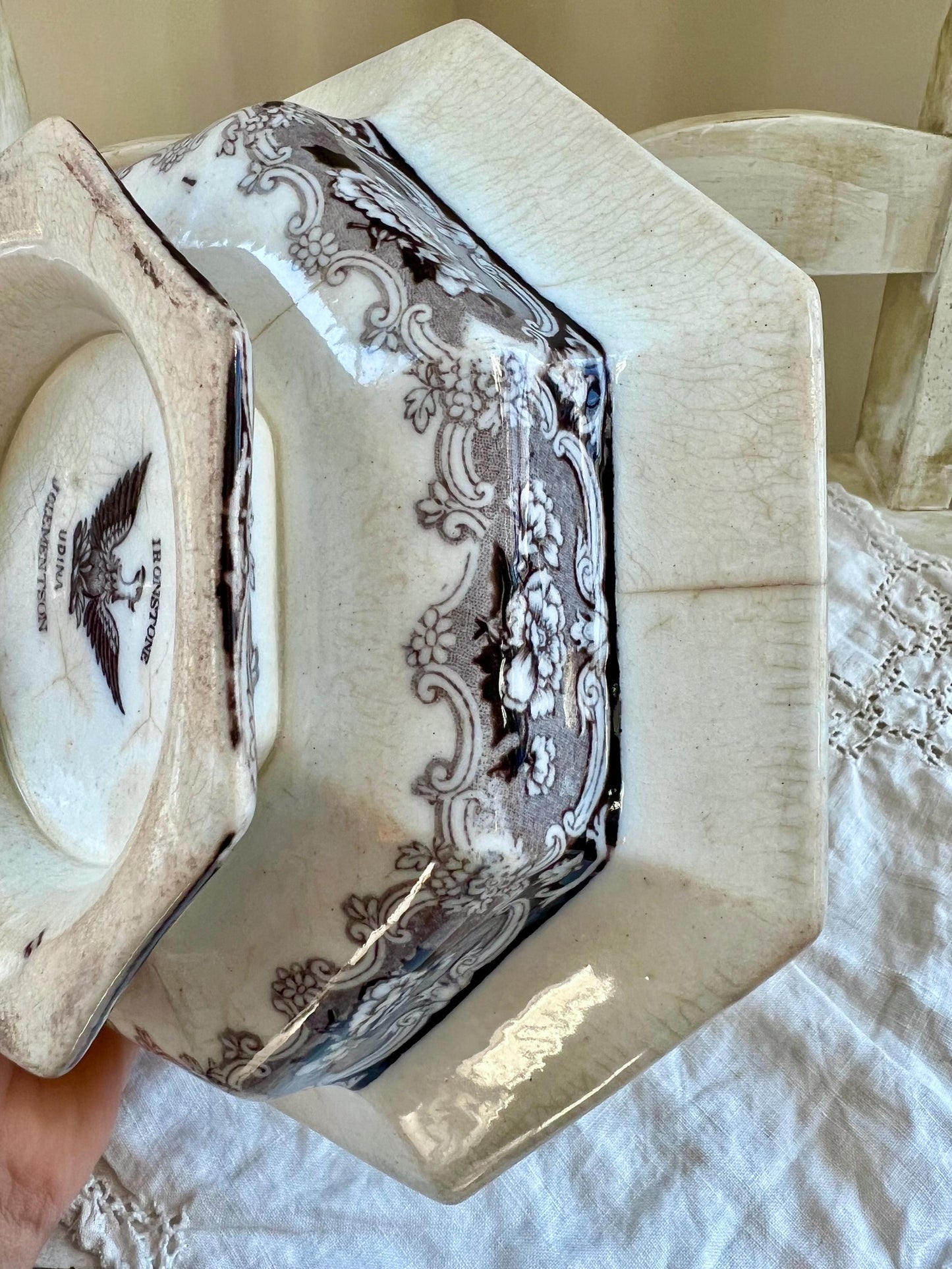 Antique J Clementson "Udina" Mulberry Transferware Footed Pedestal Octagonal Bowl, Distressed Ironstone, Mid 19th Century England