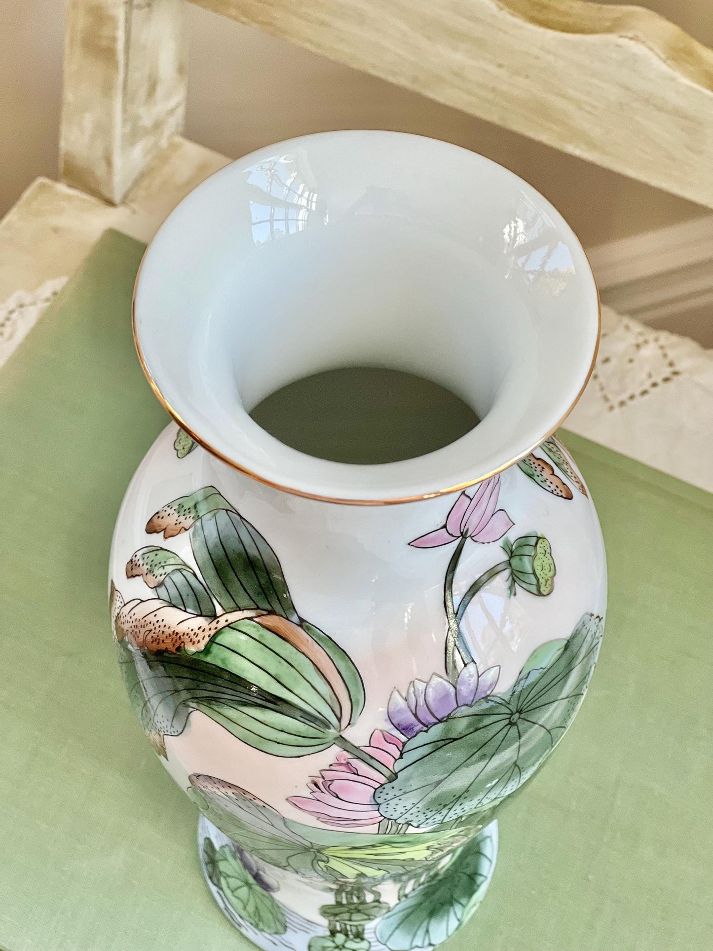 Beautiful Vintage Water Lily Vase, Vintage Toyo Macau Hand Painted Chinese Porcelain Vase with Lily Pads, 10" tall