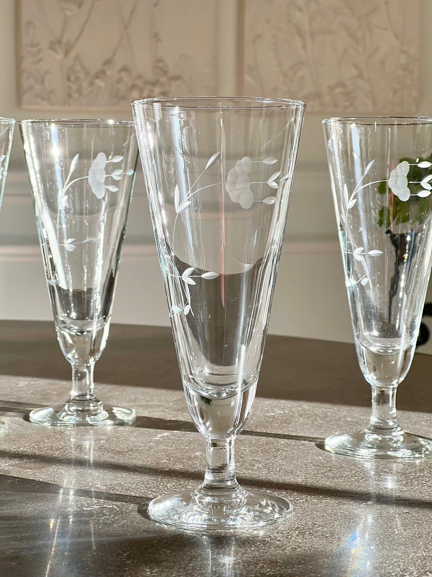Set (4) Etched Crystal Pilsners, Vintage Etched Floral Glassware