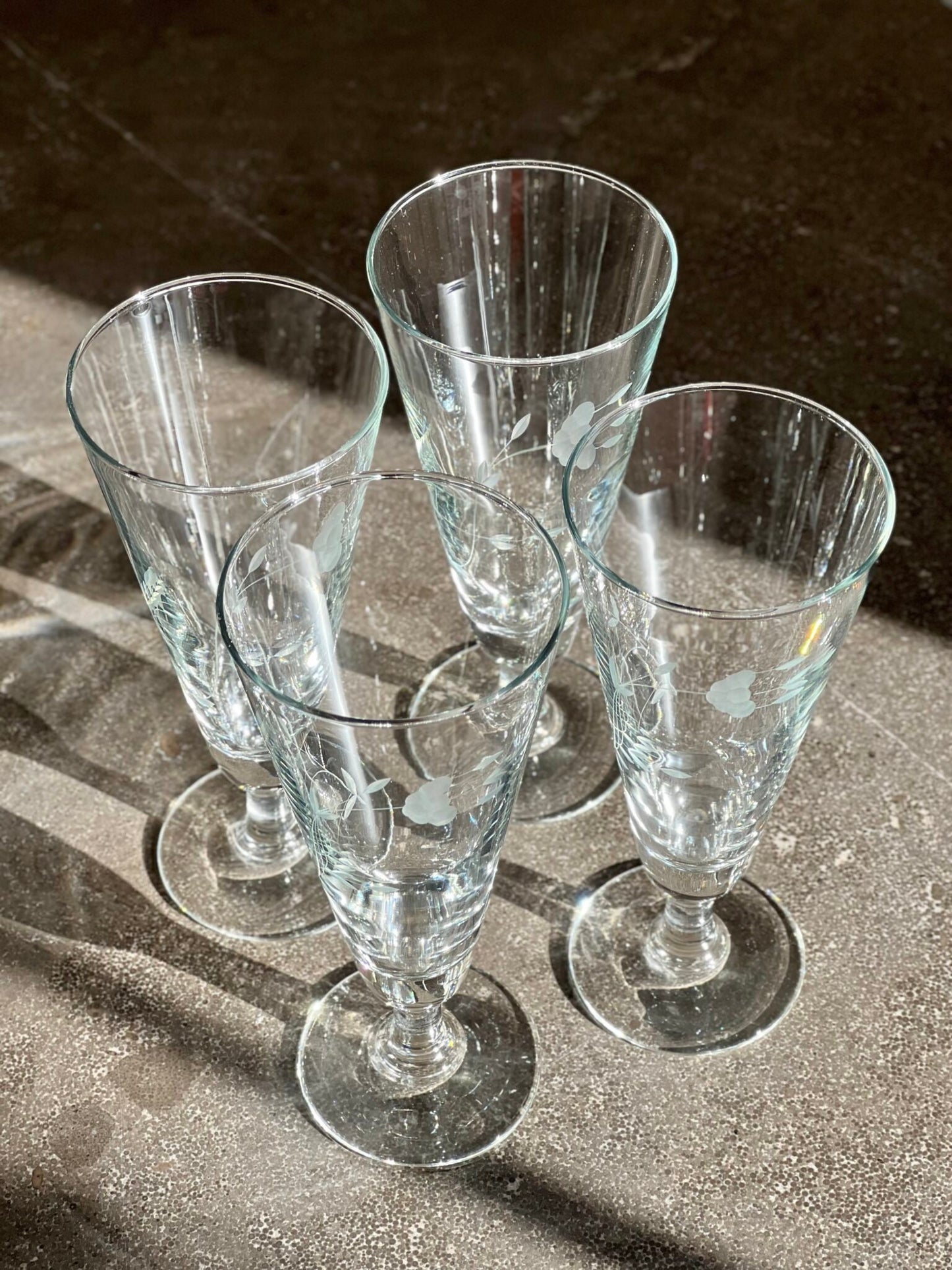 Set (4) Etched Crystal Pilsners, Vintage Etched Floral Glassware