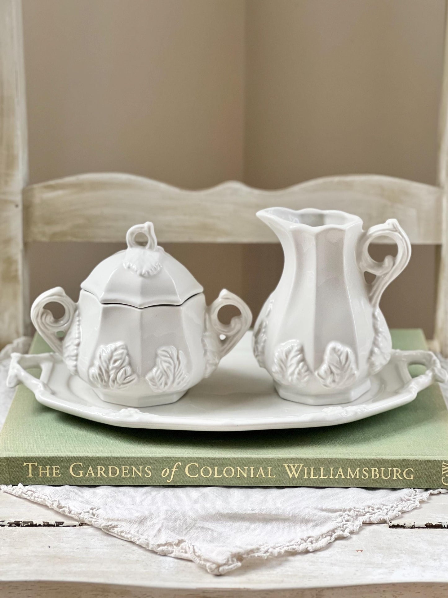 Beautiful Vintage Three Piece Ironstone Creamer & Sugar Set with Tray by Red-Cliff, Grape Pattern