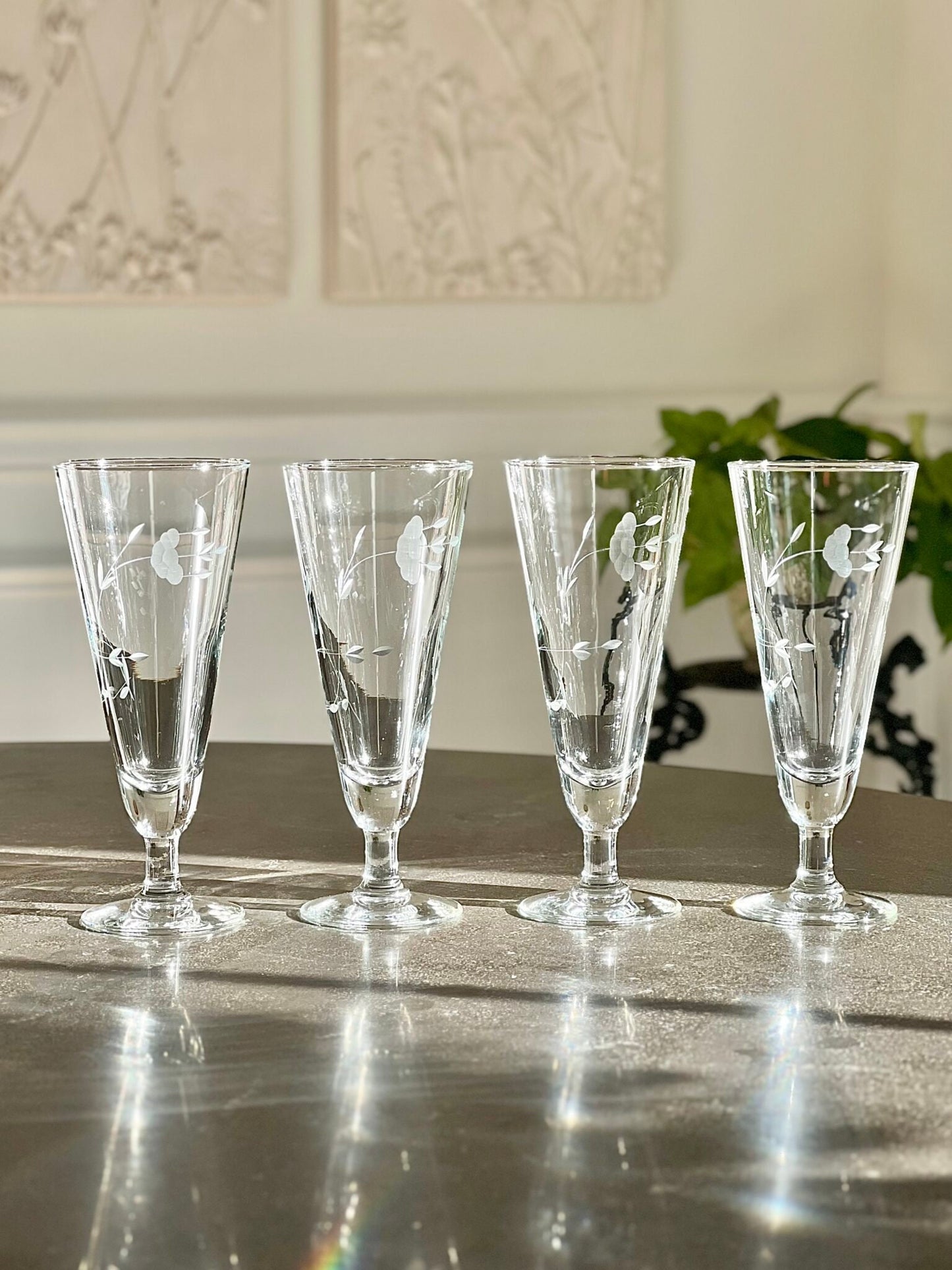 Set (4) Etched Crystal Pilsners, Vintage Etched Floral Glassware