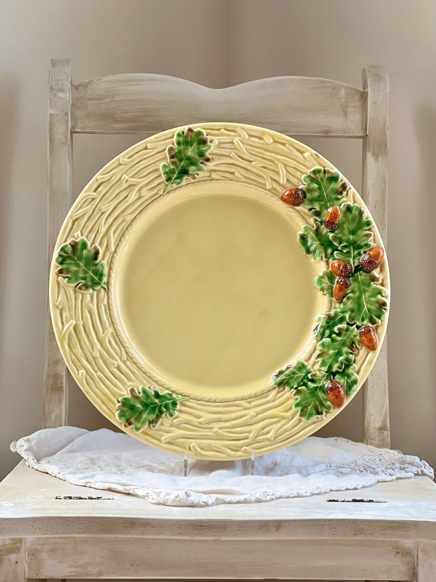 Bordallo Pinheiro Oak Leaf Yellow 13” Chop Plate, Round Platter, Acorns & Oak Leaves
