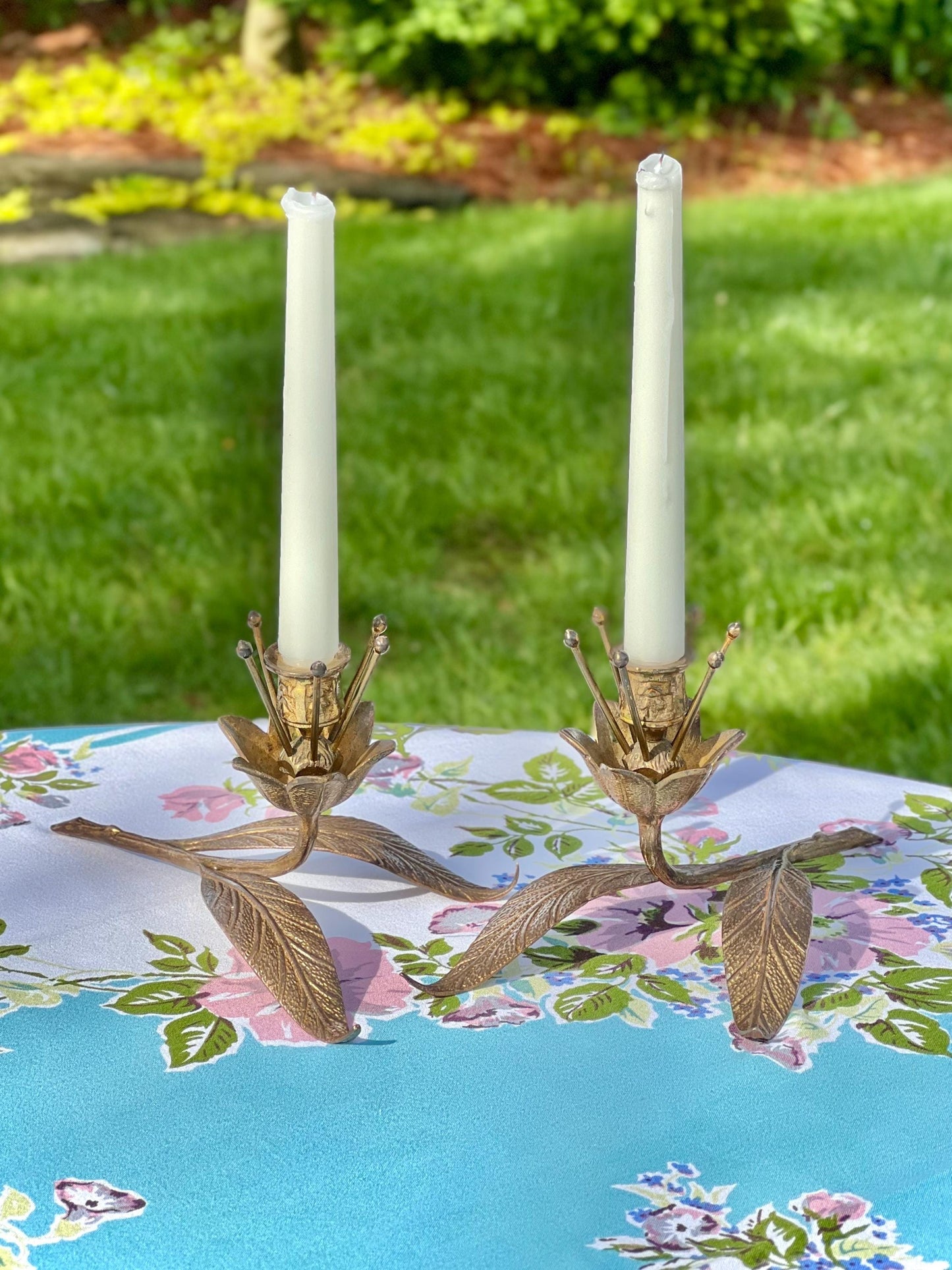 Gorgeous Pair of Vintage Brass Flower Candle Holders, S. Agudo Style Candle Holders