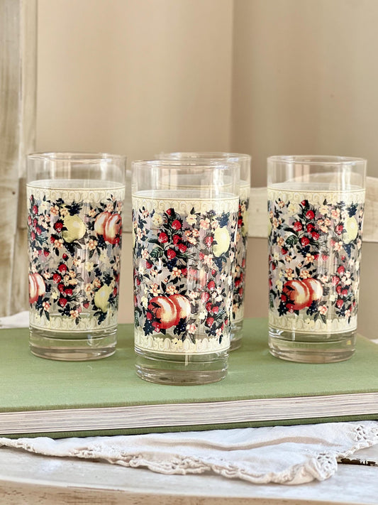 Vintage Set (4) Avon Sweet Country Harvest Tumblers, 12 oz Drinking Glasses with Fruit & Flowers