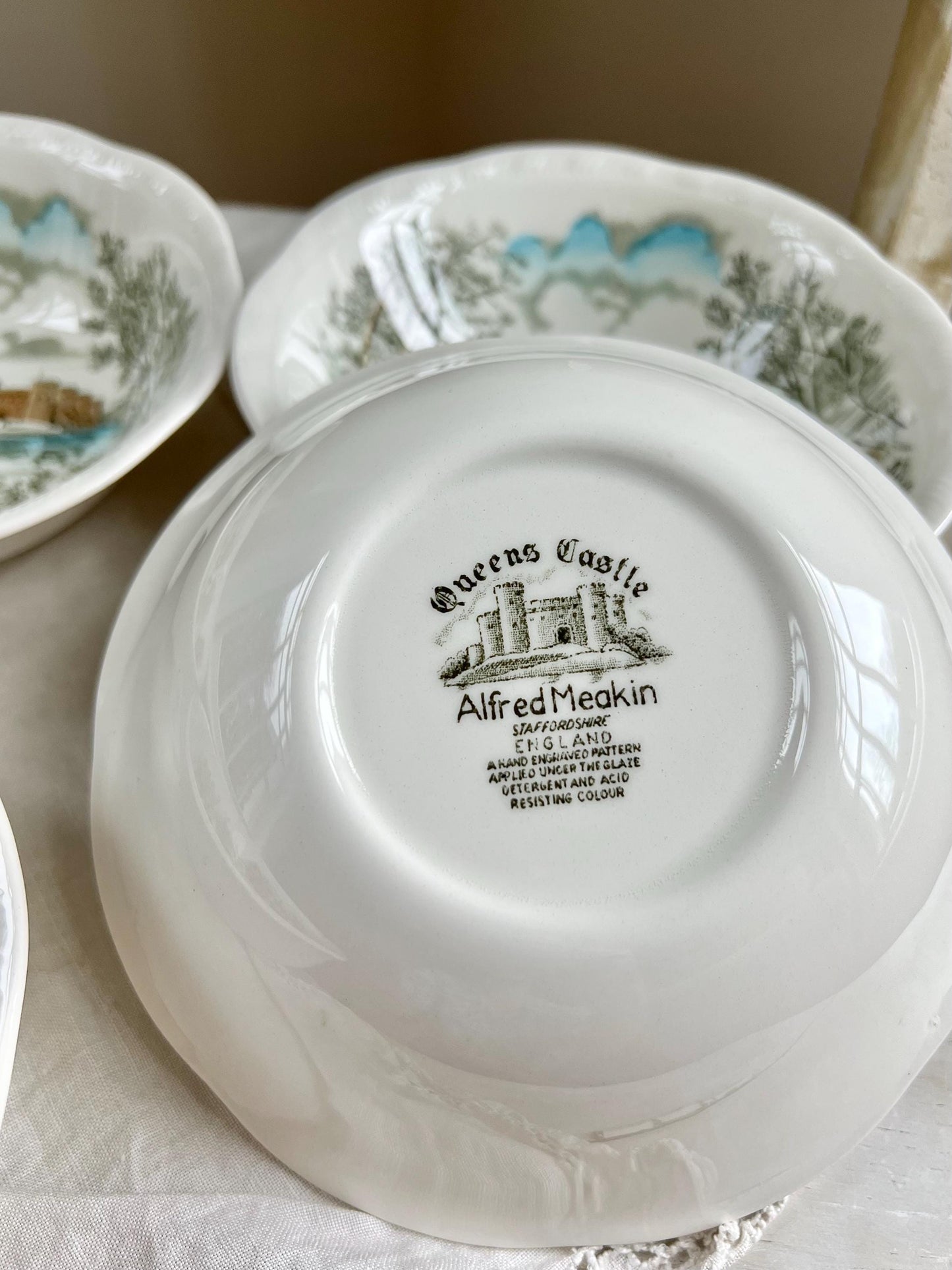 Set (4) Vintage Queen's Castle 6.5” Bowls by Alfred Meakin, England, Ironstone Transferware