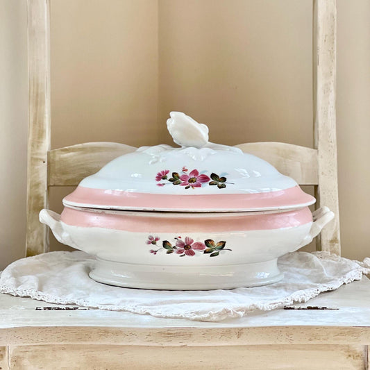 Beautiful Vintage Porcelain Covered Dish with Tulip Finial, Floral Design and Peach Pink Trim
