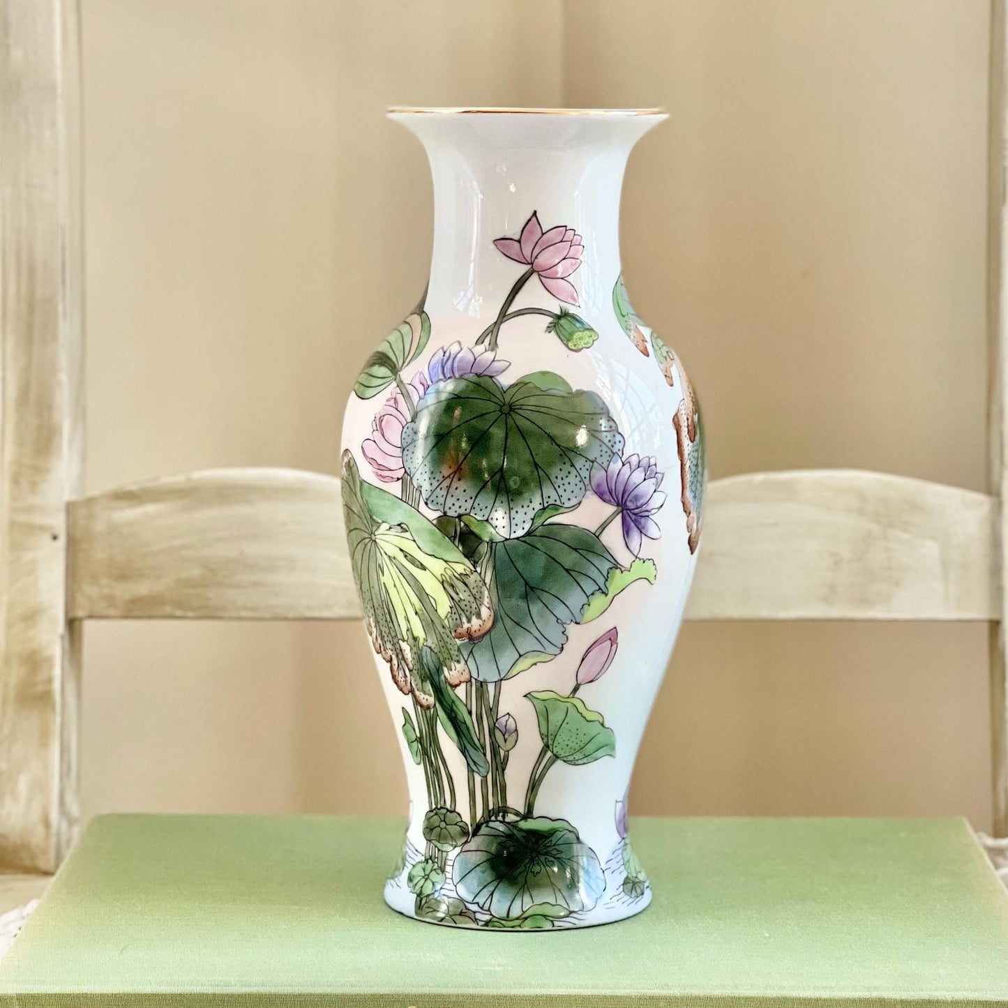 Beautiful Vintage Water Lily Vase, Vintage Toyo Macau Hand Painted Chinese Porcelain Vase with Lily Pads, 10" tall