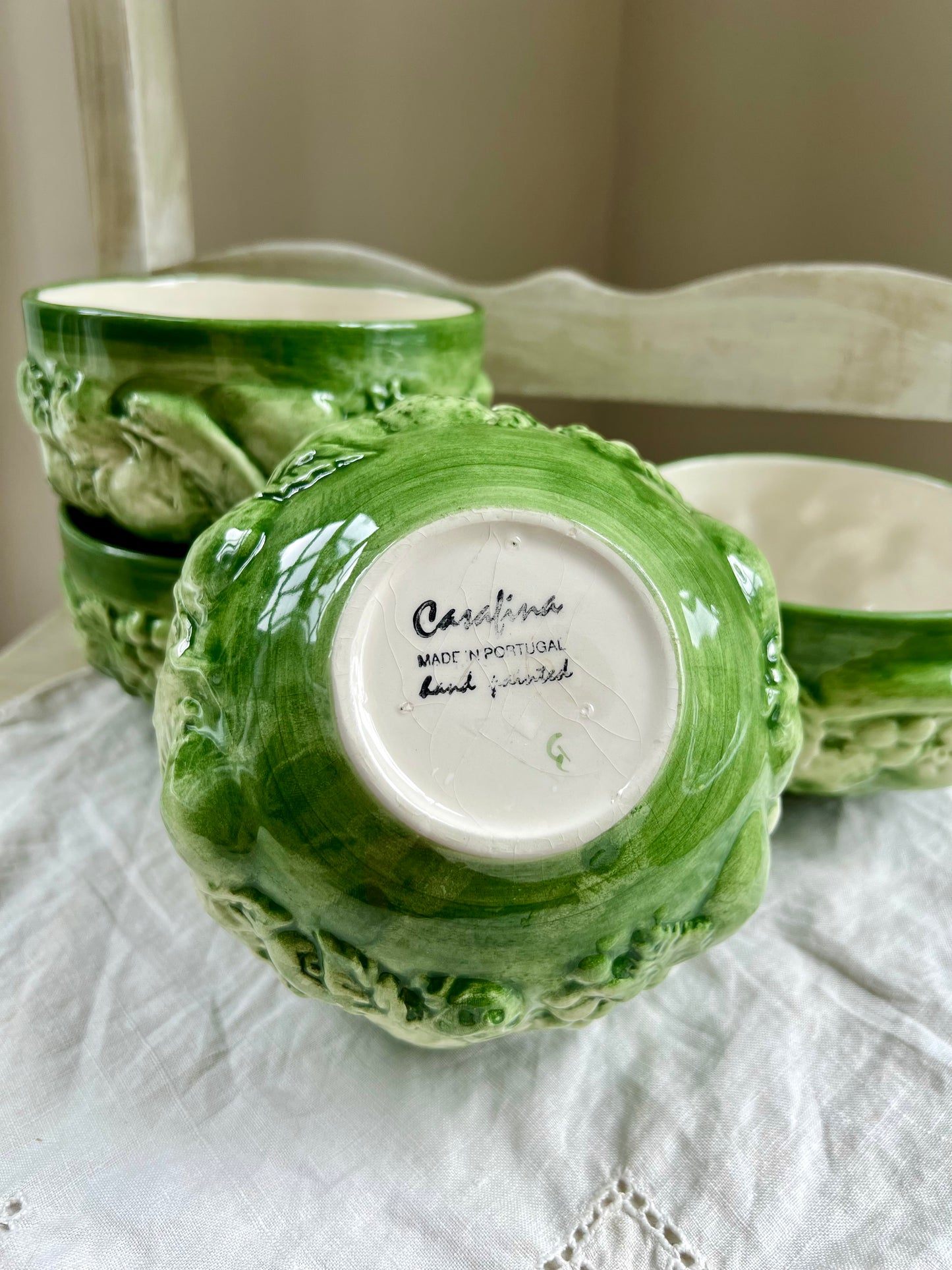 Beautiful Set (4) Casafina Fruit Relief Green Hand Painted Bowls, Portugal