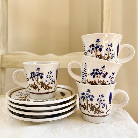 Set of 4, Vintage Winsome by Noritake Primastone, Flat Cup and Saucers, Vintage Stoneware Coffee Mugs, Vintage Stoneware Mugs & Saucers