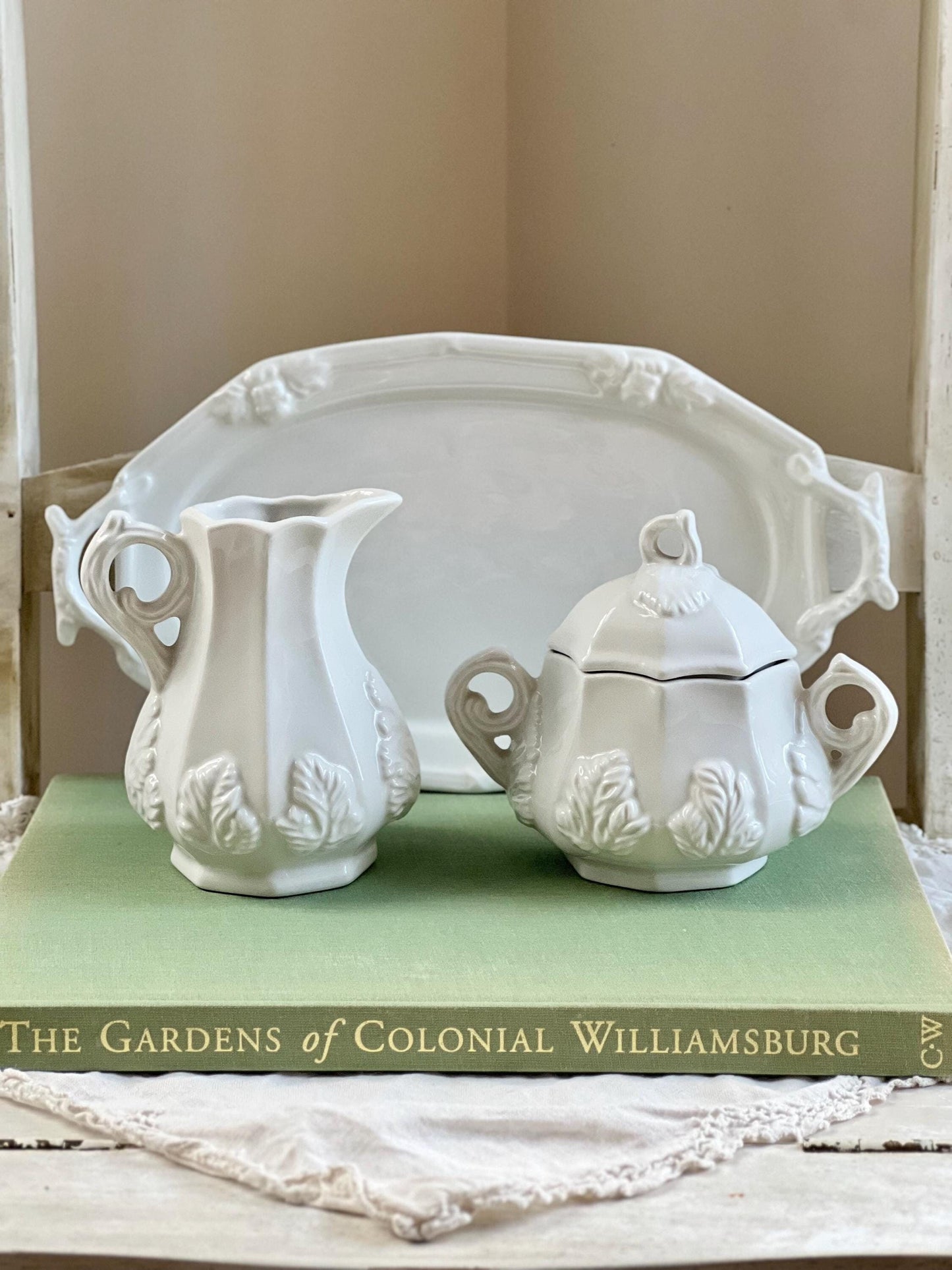 Beautiful Vintage Three Piece Ironstone Creamer & Sugar Set with Tray by Red-Cliff, Grape Pattern