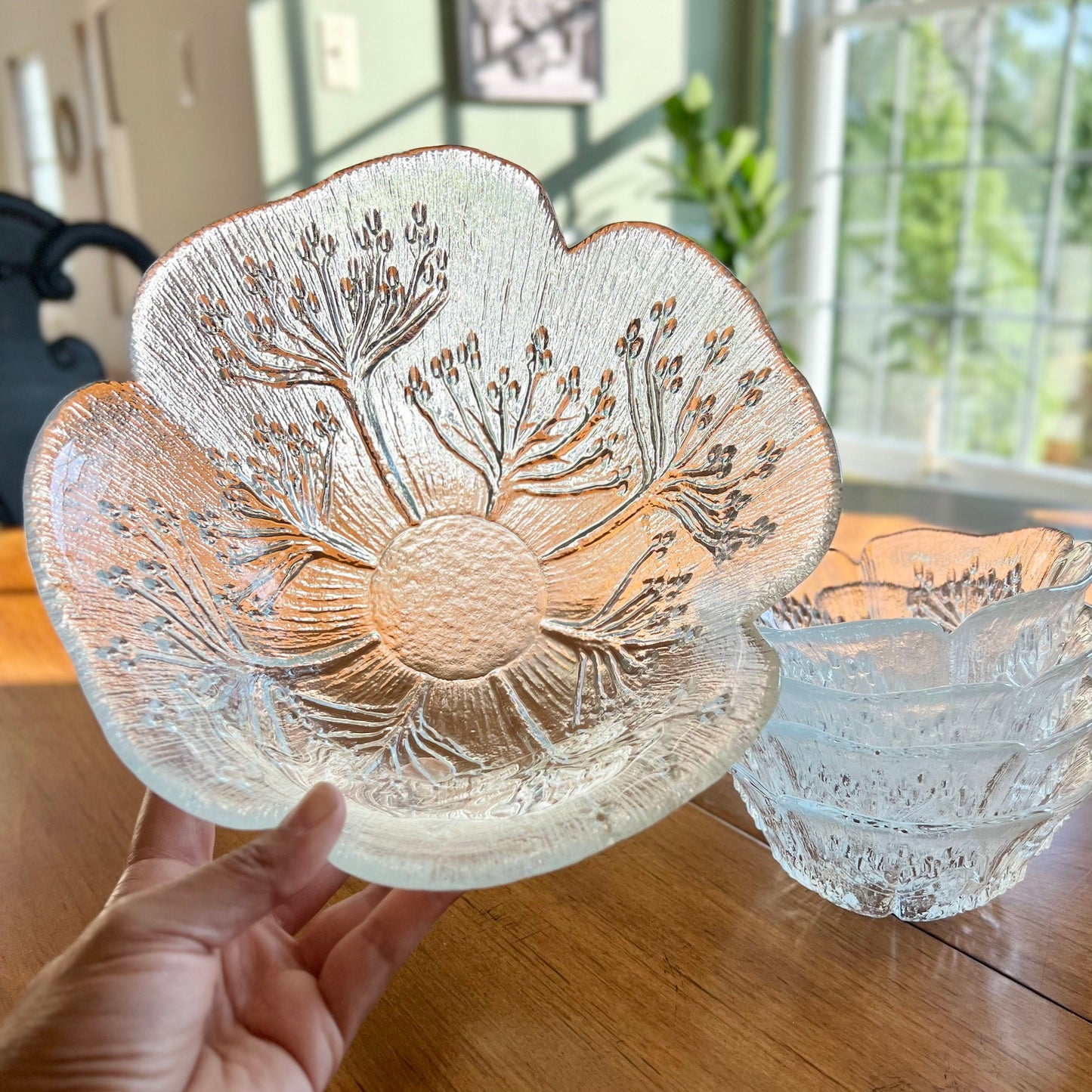 Vintage Glass Serving Bowl & (4) Individual Bowls, Koiranputki (Cow Parsley) by Pertti Kallioinen, Lasisepat Mantsala, Finland