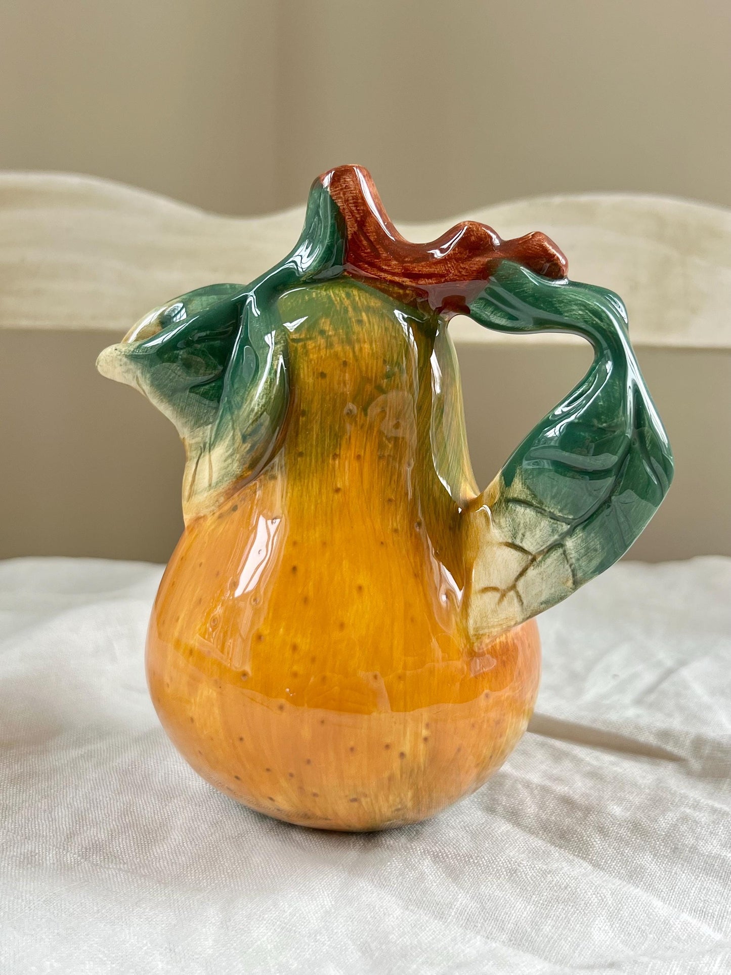 Vintage Cermaic Pear Creamer, Sculptural Fruit, Majolica Style Pear Mini Pitcher or Vase, 5.25" tall