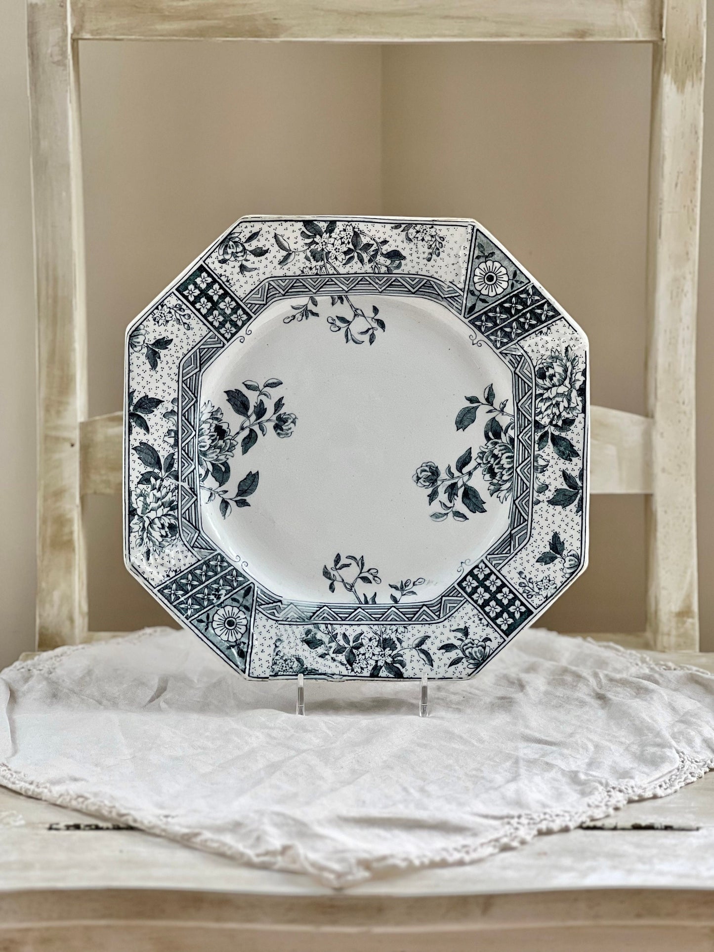 Antique C. Challinor & Co "Melbourne" Blue Gray Transferware Plate, 1800's Octagonal Shaped Aesthetic Movement Transferware Dish, England