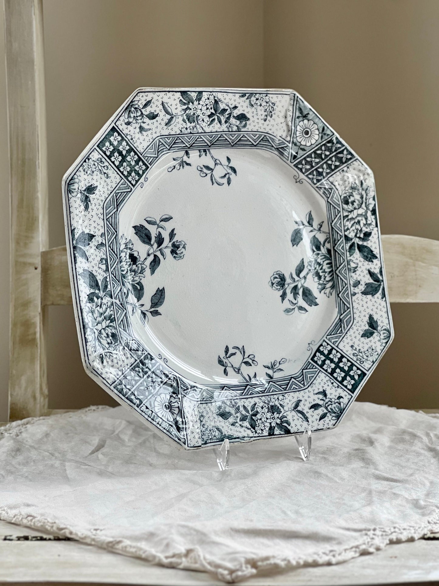 Antique C. Challinor & Co "Melbourne" Blue Gray Transferware Plate, 1800's Octagonal Shaped Aesthetic Movement Transferware Dish, England
