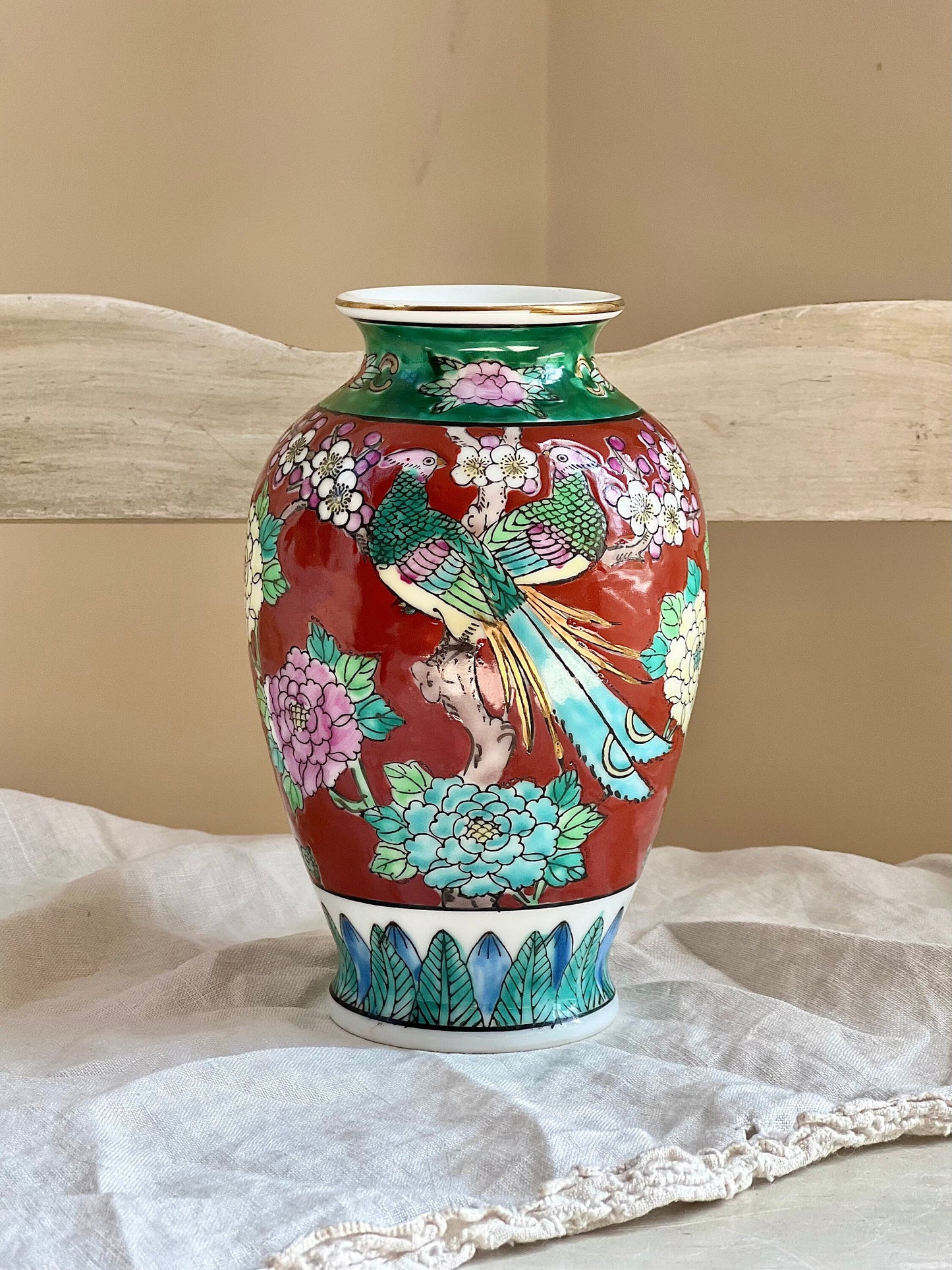 Beautiful Vintage Japanese Porcelain Hand Painted Vase with Birds & Flowers, 6" tall