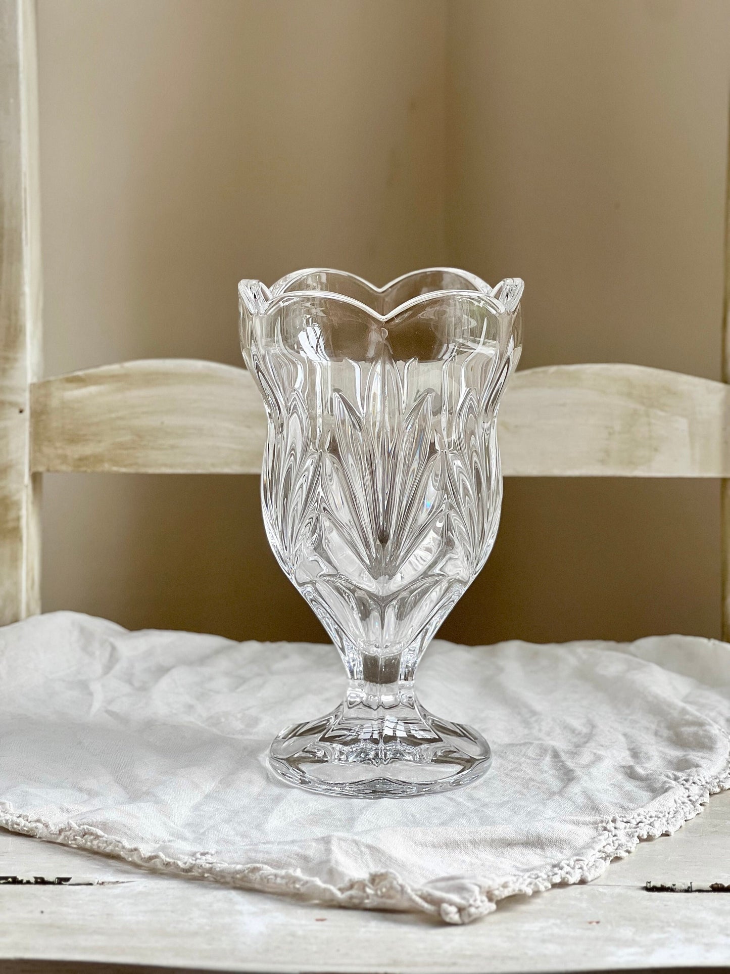Beautiful Vintage Crystal Tulip Shaped Vase with Scalloped Edge, Heavy Crystal Footed Vase