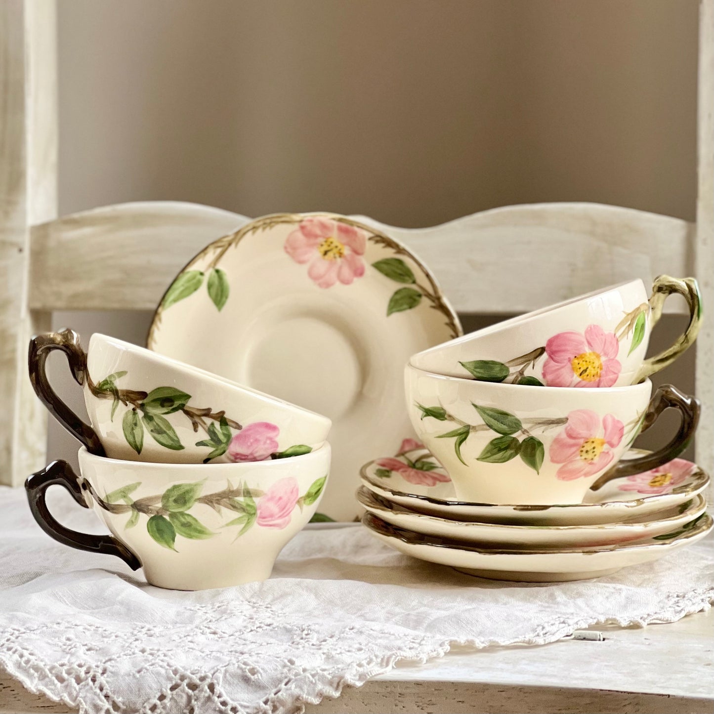 Set of 4, Vintage Franciscan Desert Rose Teacups & Saucers