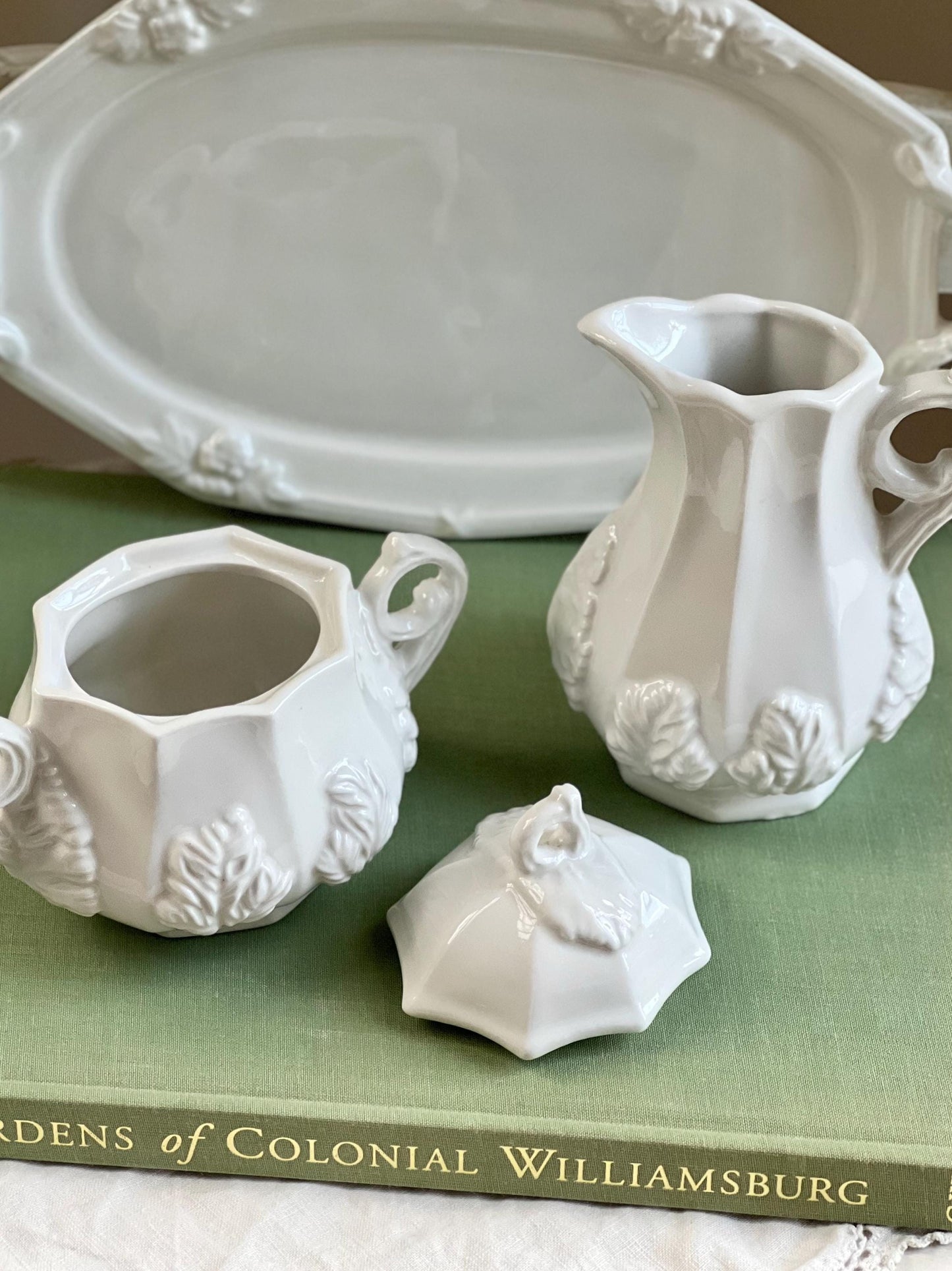 Beautiful Vintage Three Piece Ironstone Creamer & Sugar Set with Tray by Red-Cliff, Grape Pattern