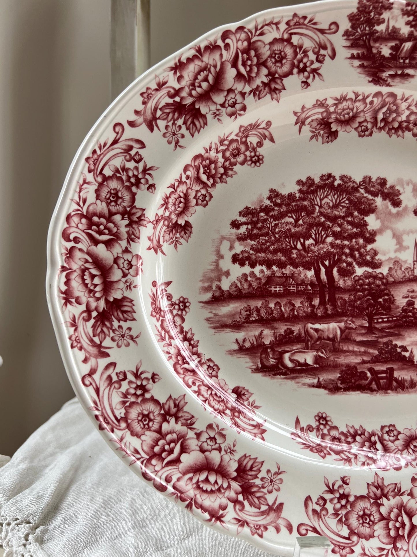 Beautiful Vintage Red Transferware Platter by Myott Meakin, Staffordshire England, Pastotal Scene with Cows, Ironstone Platter, 12 x 10