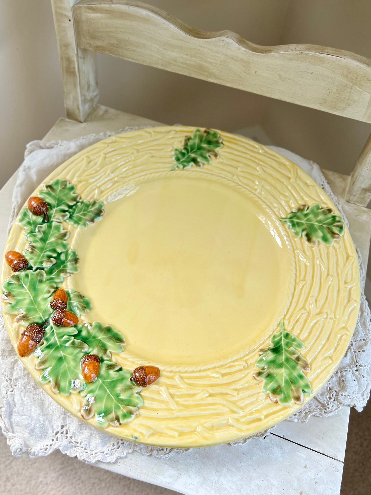 Bordallo Pinheiro Oak Leaf Yellow 13” Chop Plate, Round Platter, Acorns & Oak Leaves
