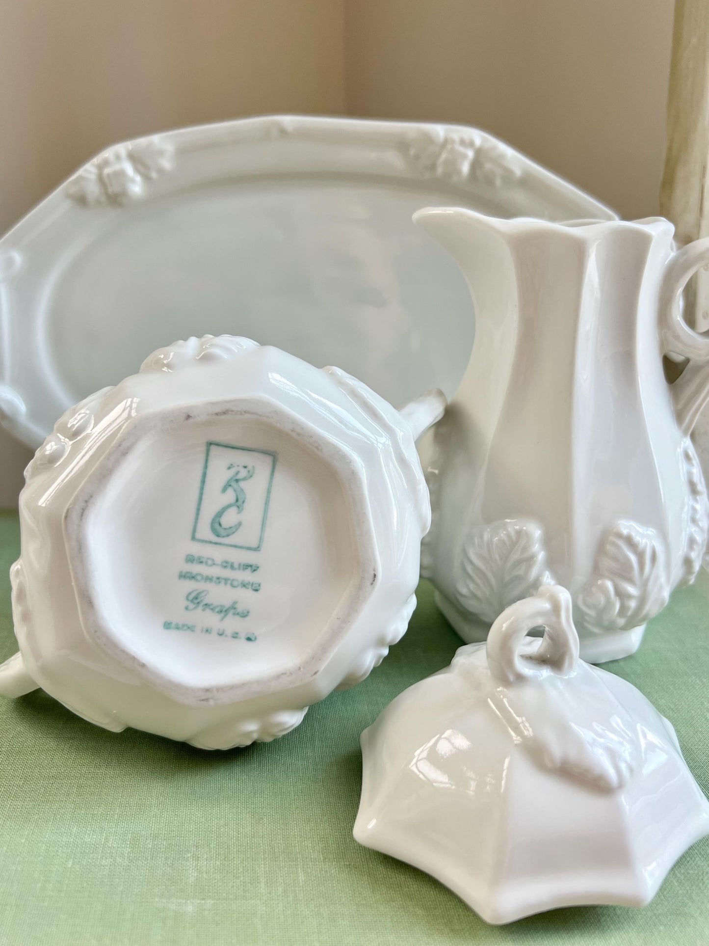 Beautiful Vintage Three Piece Ironstone Creamer & Sugar Set with Tray by Red-Cliff, Grape Pattern