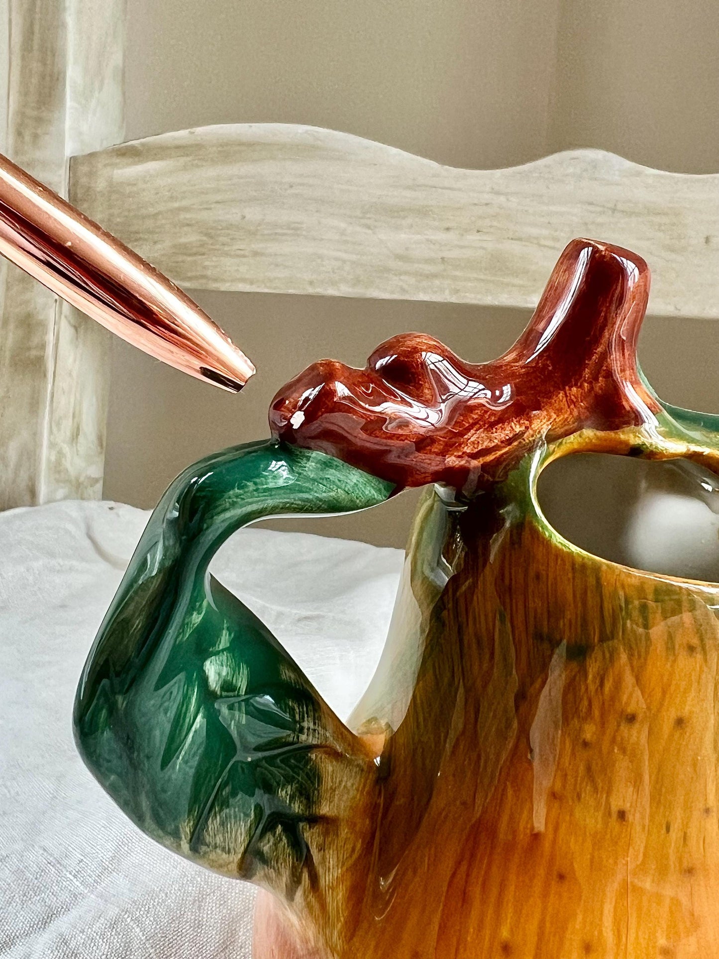 Vintage Cermaic Pear Creamer, Sculptural Fruit, Majolica Style Pear Mini Pitcher or Vase, 5.25" tall