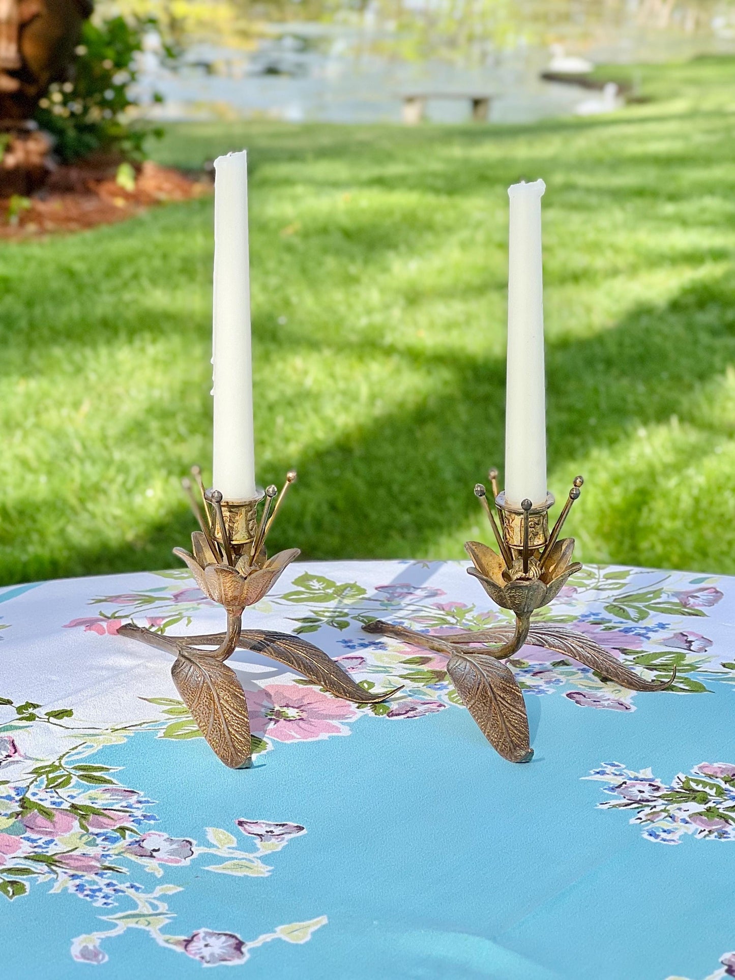 Gorgeous Pair of Vintage Brass Flower Candle Holders, S. Agudo Style Candle Holders