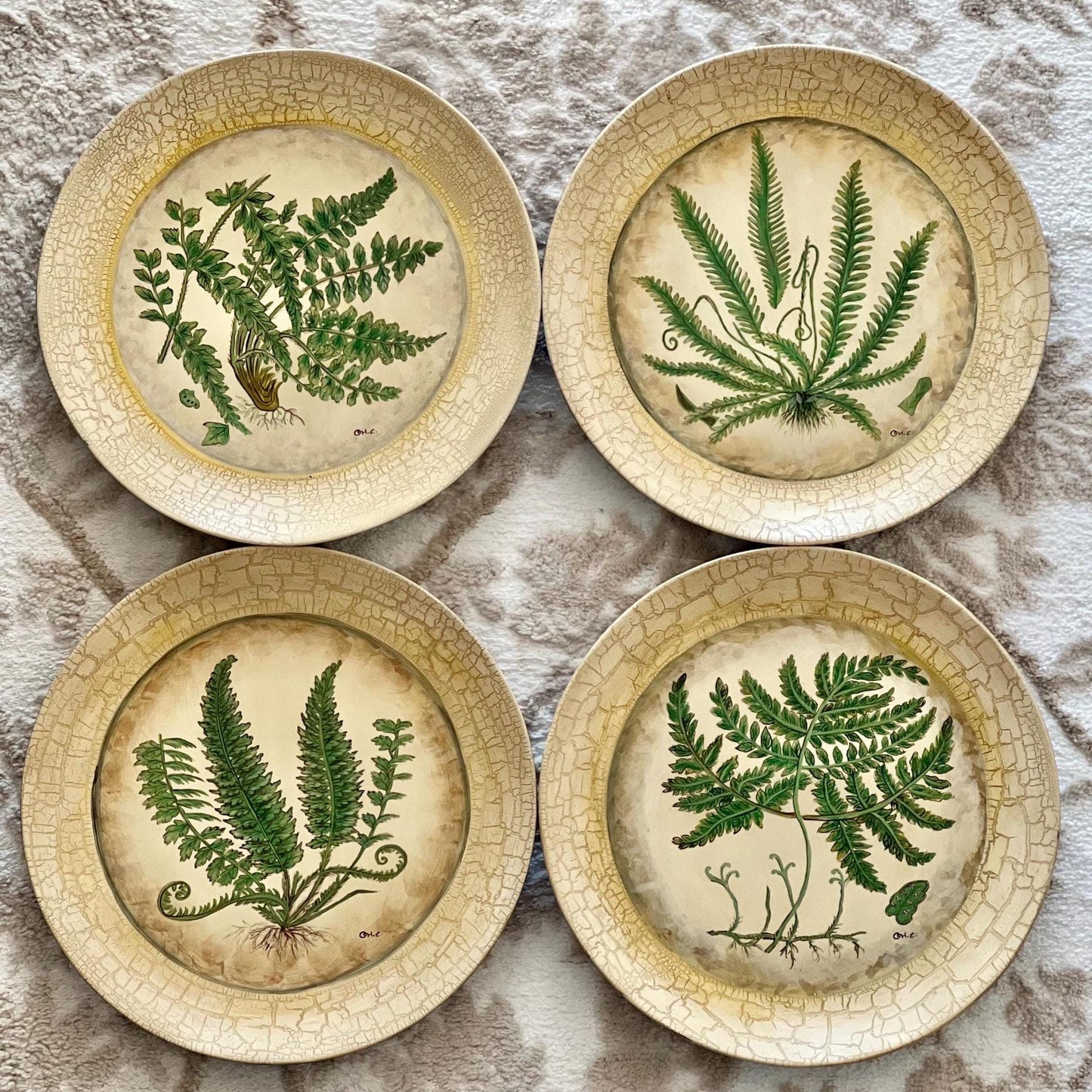 Set (4) Designer Hand Painted Fern Plates by Tam San Designs, Cornelius, NC, Artist Signed 10" Decorative Plates