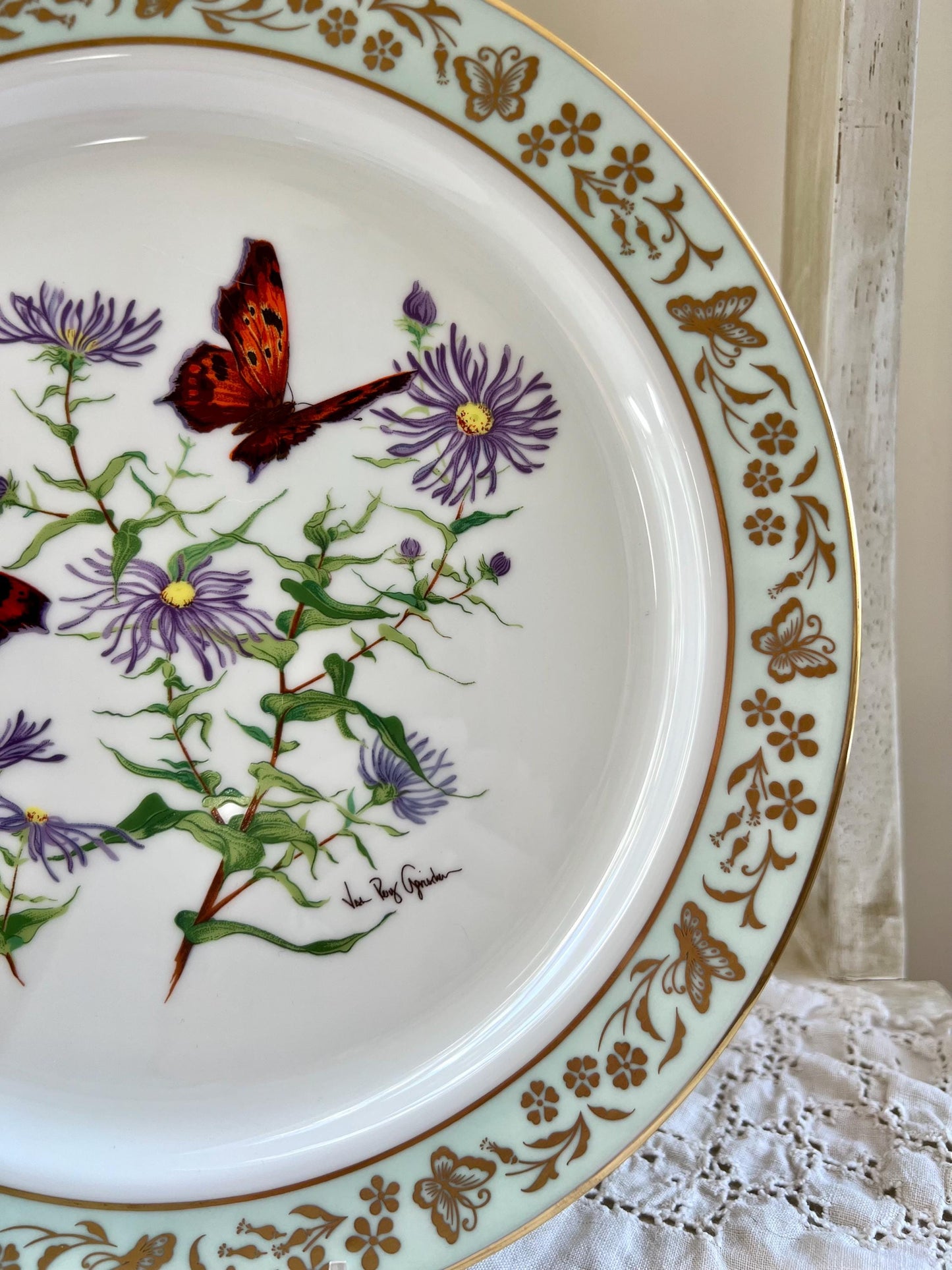 Vintage Lenox Butterflies & Flowers, Question Mark Butterfly and New England Aster Plate, First in a Series, Lenox USA
