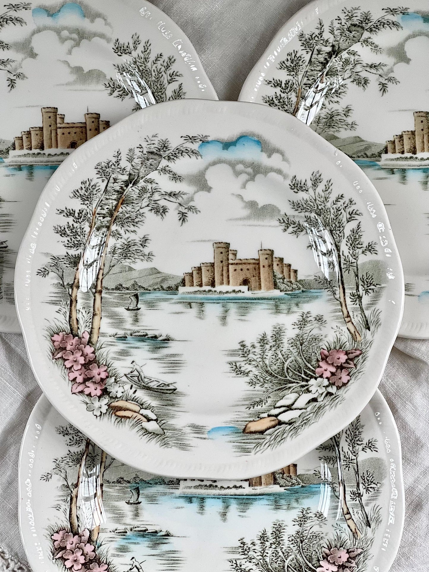 Set (4) Vintage Queen's Castle 6.5" Bread Plates by Alfred Meakin, England, Ironstone Transferware Dishes