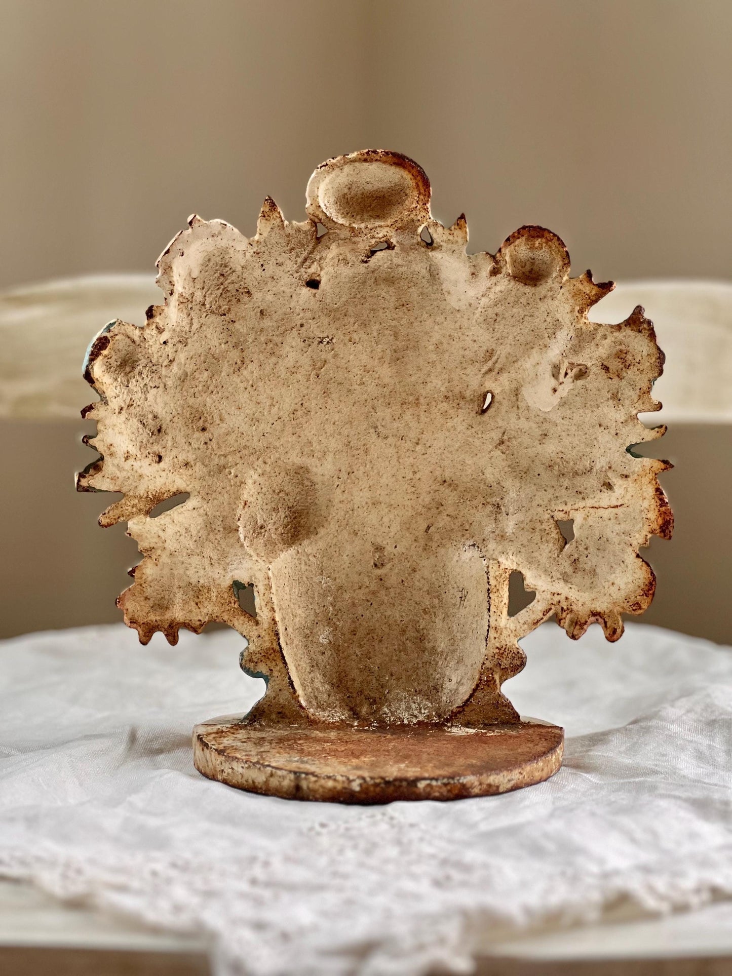 Beautiful Vintage or Antique Cast Iron Flower Bouquet Doorstop with Rustic Patina