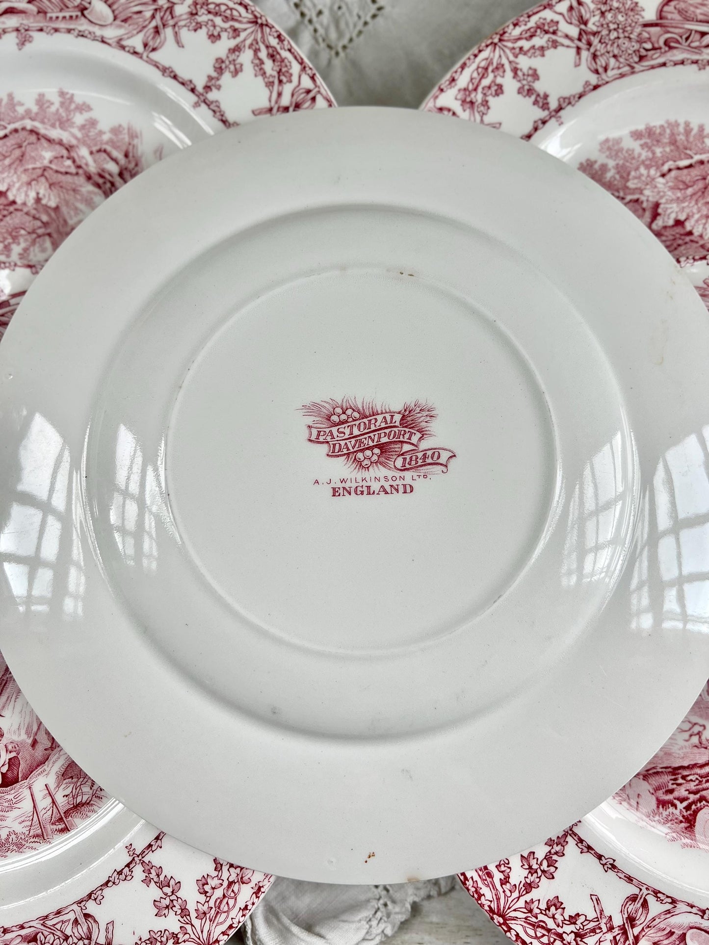 Beautiful Vintage Red Transferware, "Pastoral Davenport" by AJ Wilkinson Ltd., Ironstone Dinner Plate, Made in England