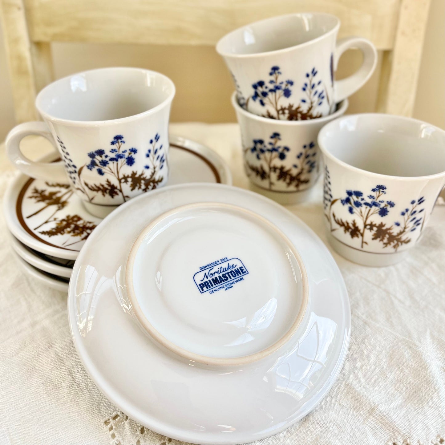 Set of 4, Vintage Winsome by Noritake Primastone, Flat Cup and Saucers, Vintage Stoneware Coffee Mugs, Vintage Stoneware Mugs & Saucers