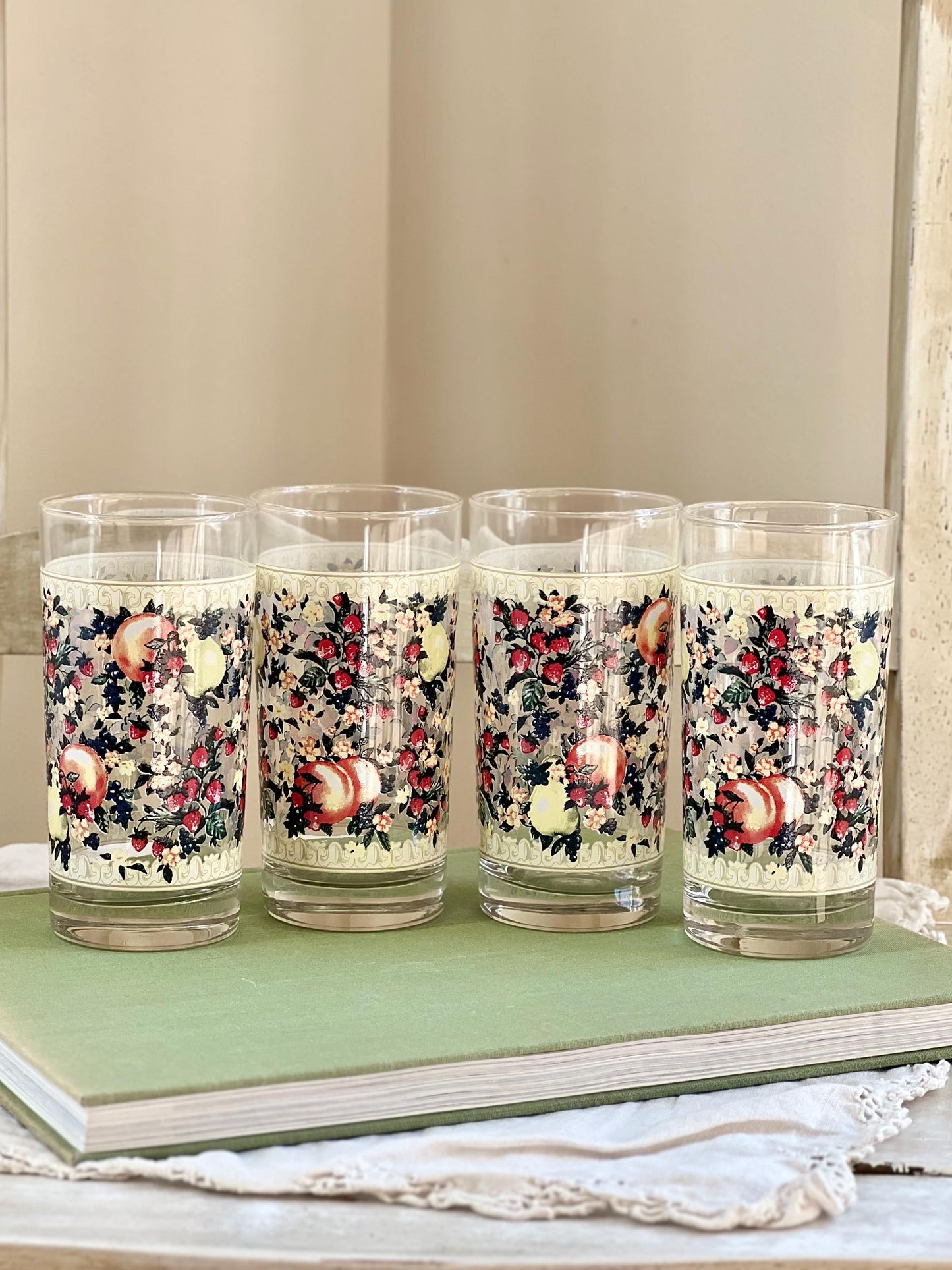 Vintage Set (4) Avon Sweet Country Harvest Tumblers, 12 oz Drinking Glasses with Fruit & Flowers