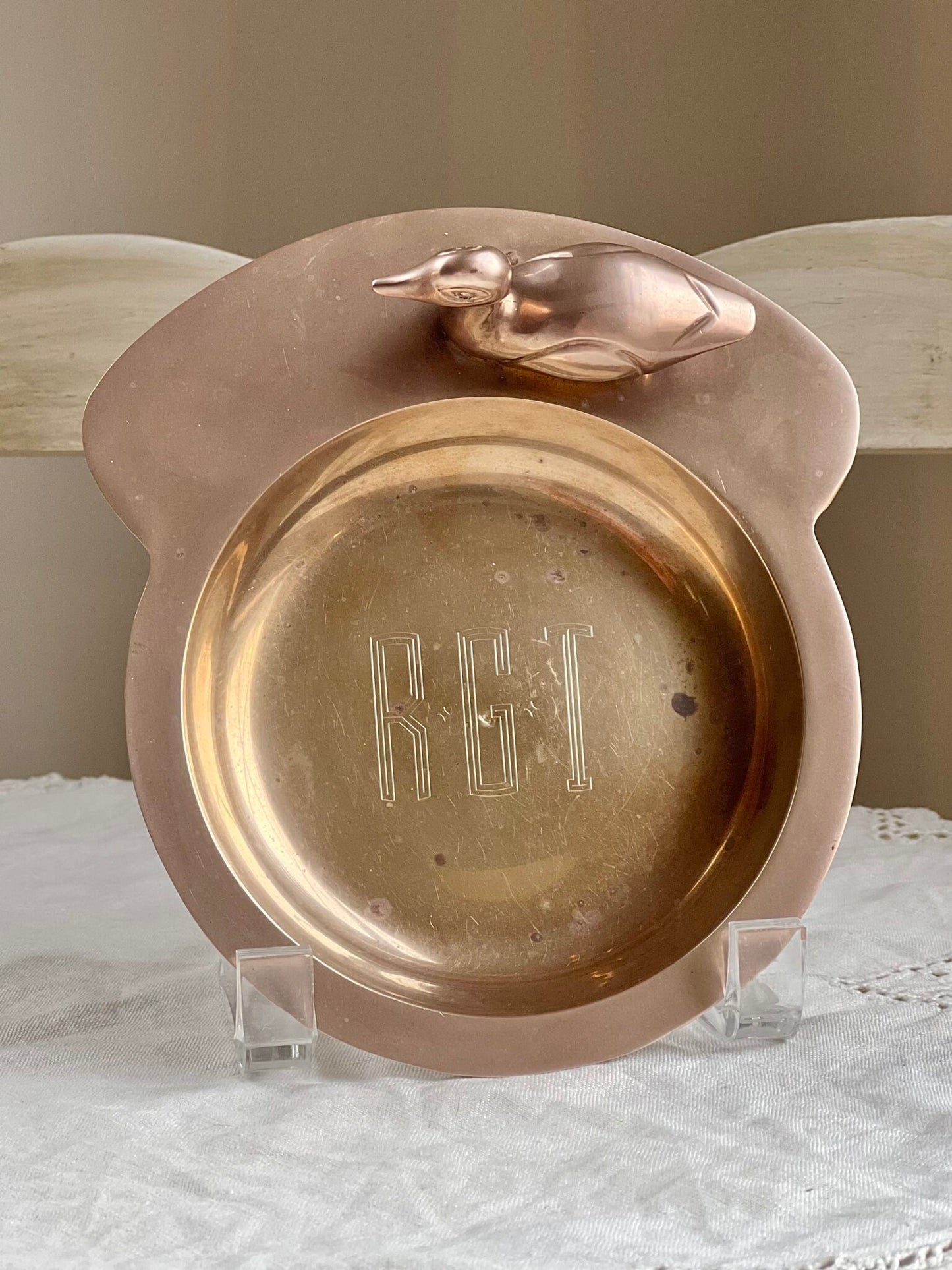 Vintage Brass Trinket Dish with Figural Duck Accent, Vintage Brass Pocket Change Dish, Brass Catchall