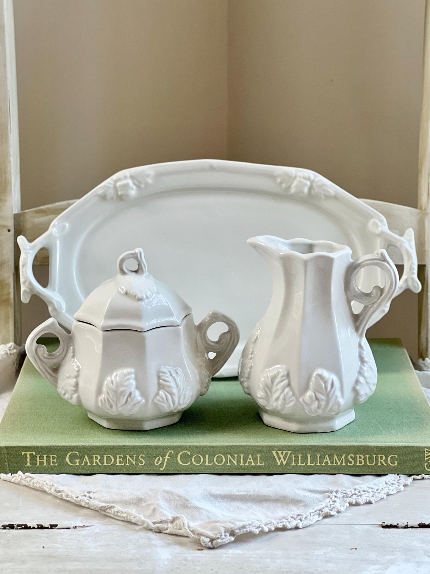 Beautiful Vintage Three Piece Ironstone Creamer & Sugar Set with Tray by Red-Cliff, Grape Pattern