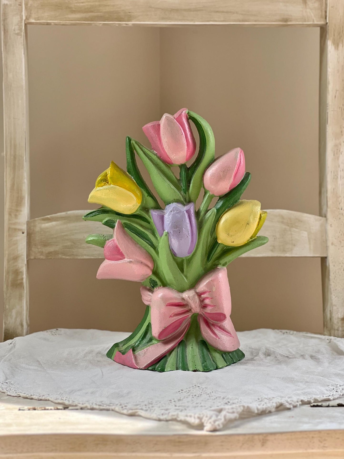 Beautiful Vintage Cast Iron Tulip Bouquet Doorstop, 10” tall