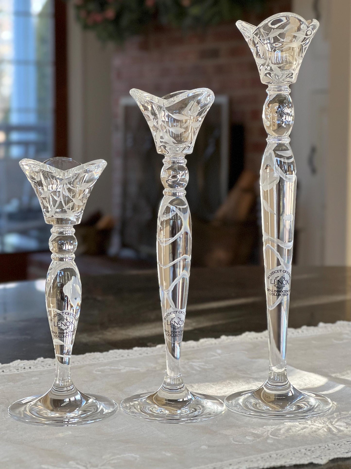 Set of 3, Lenox Opal Innocence Handcut Crystal Candlesticks