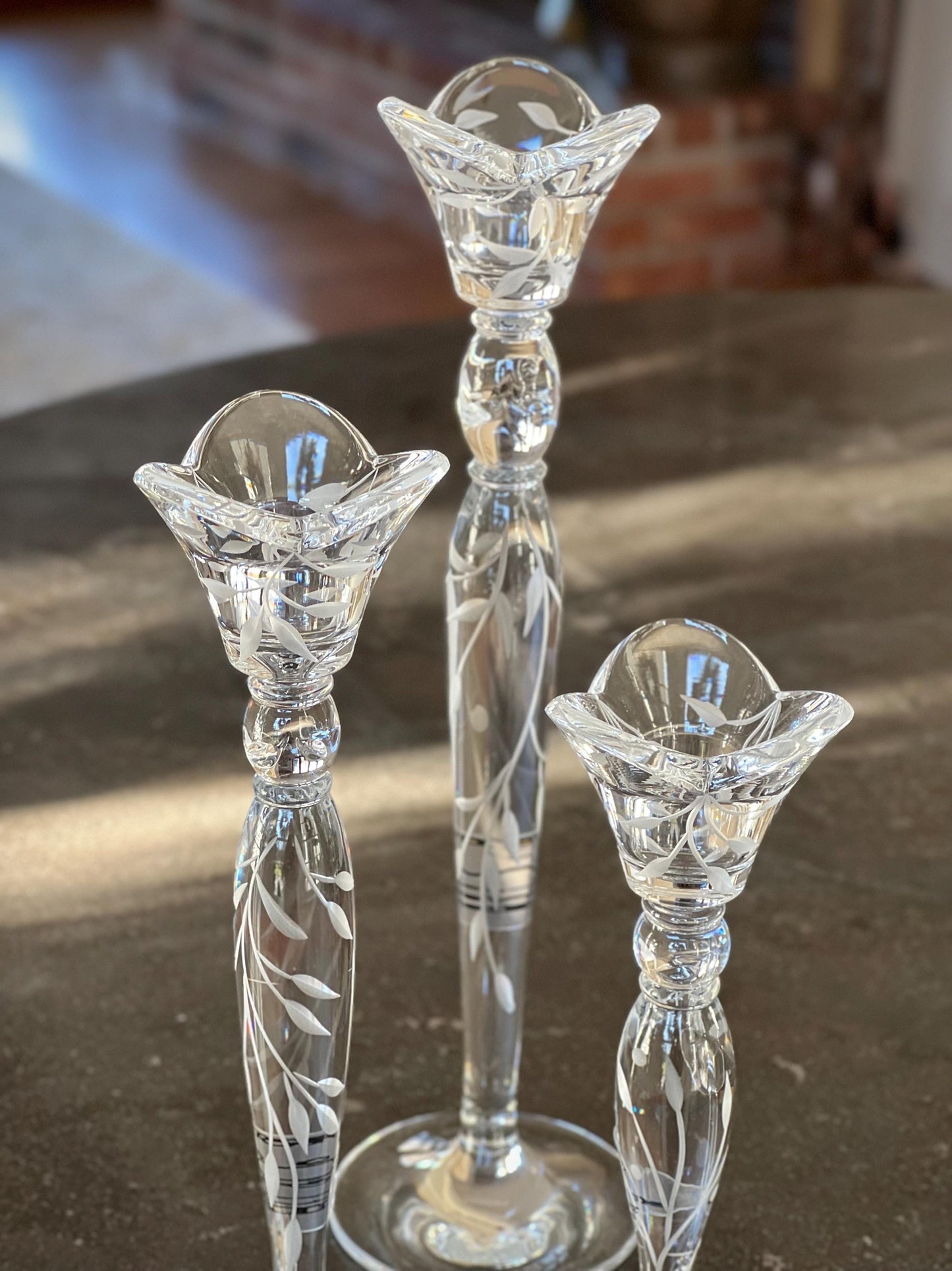 Set of 3, Lenox Opal Innocence Handcut Crystal Candlesticks