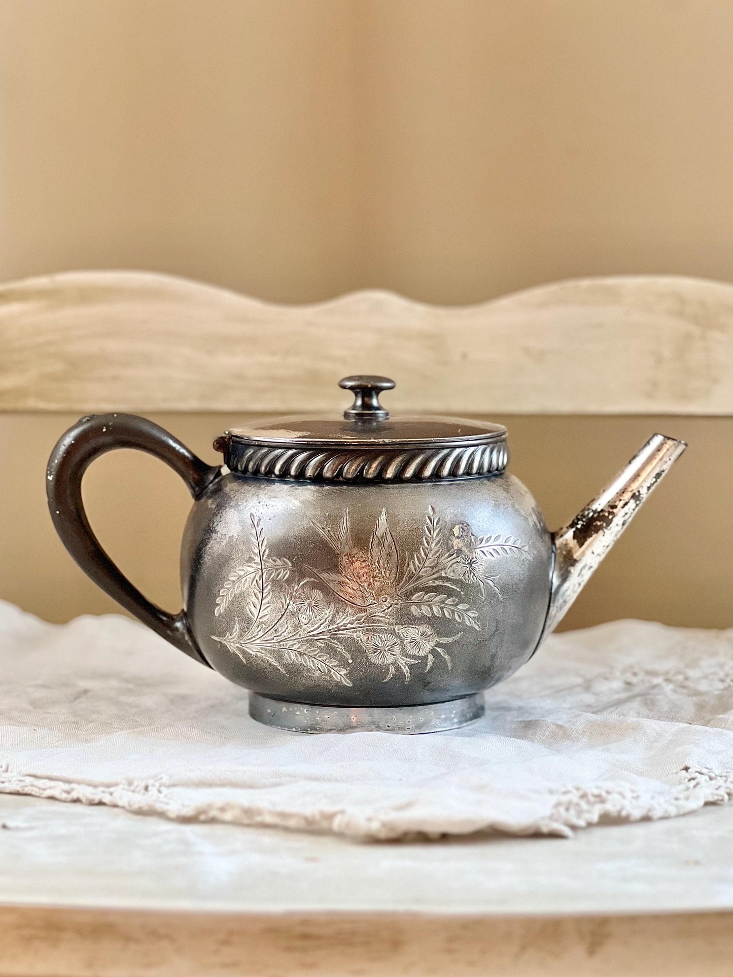 Antique Victorian Silver Plate Teapot by Middletown Plate Co. with Hinged Lid & Beautiful Bird and Foliage Engraving