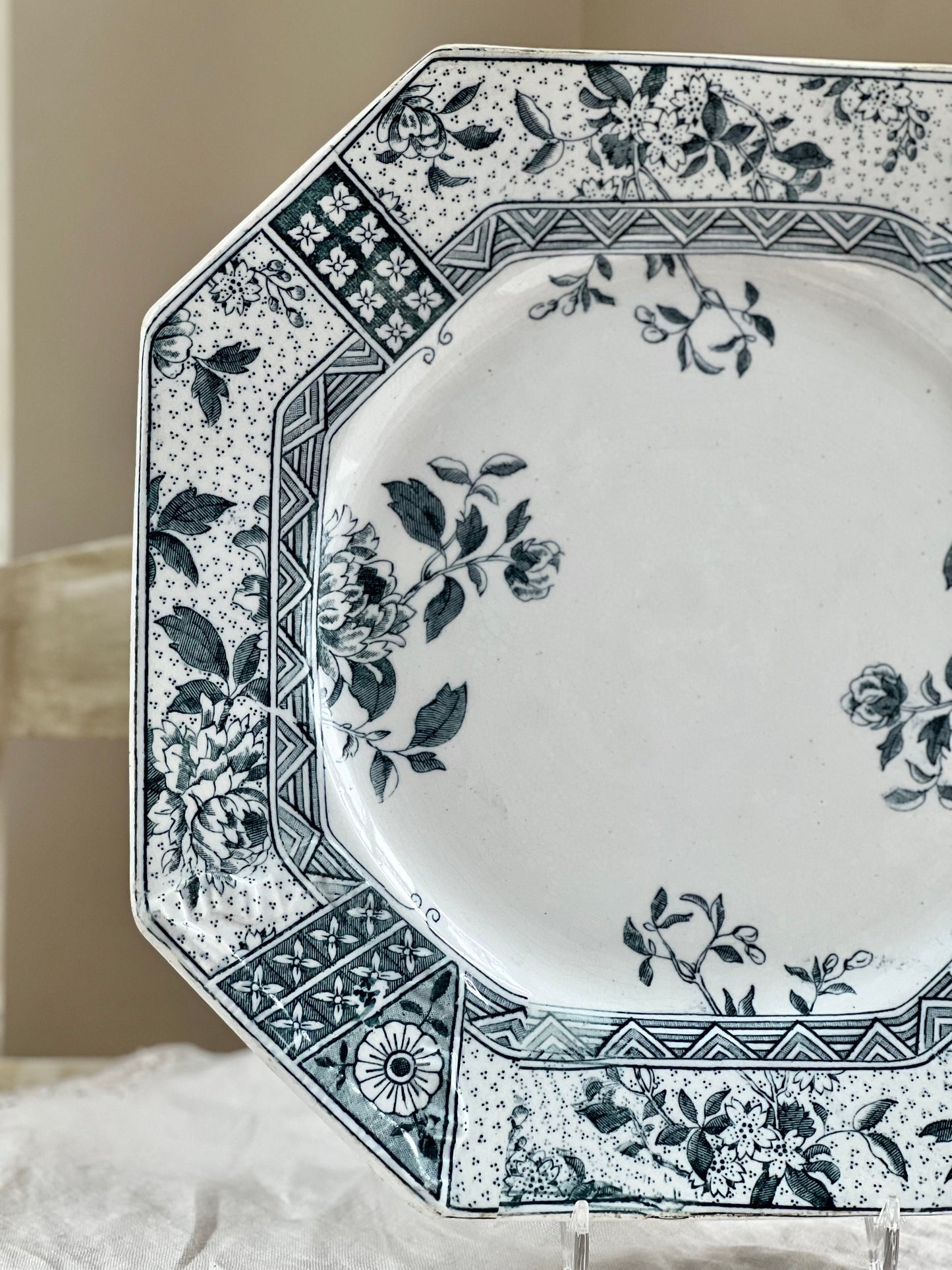 Antique C. Challinor & Co "Melbourne" Blue Gray Transferware Plate, 1800's Octagonal Shaped Aesthetic Movement Transferware Dish, England