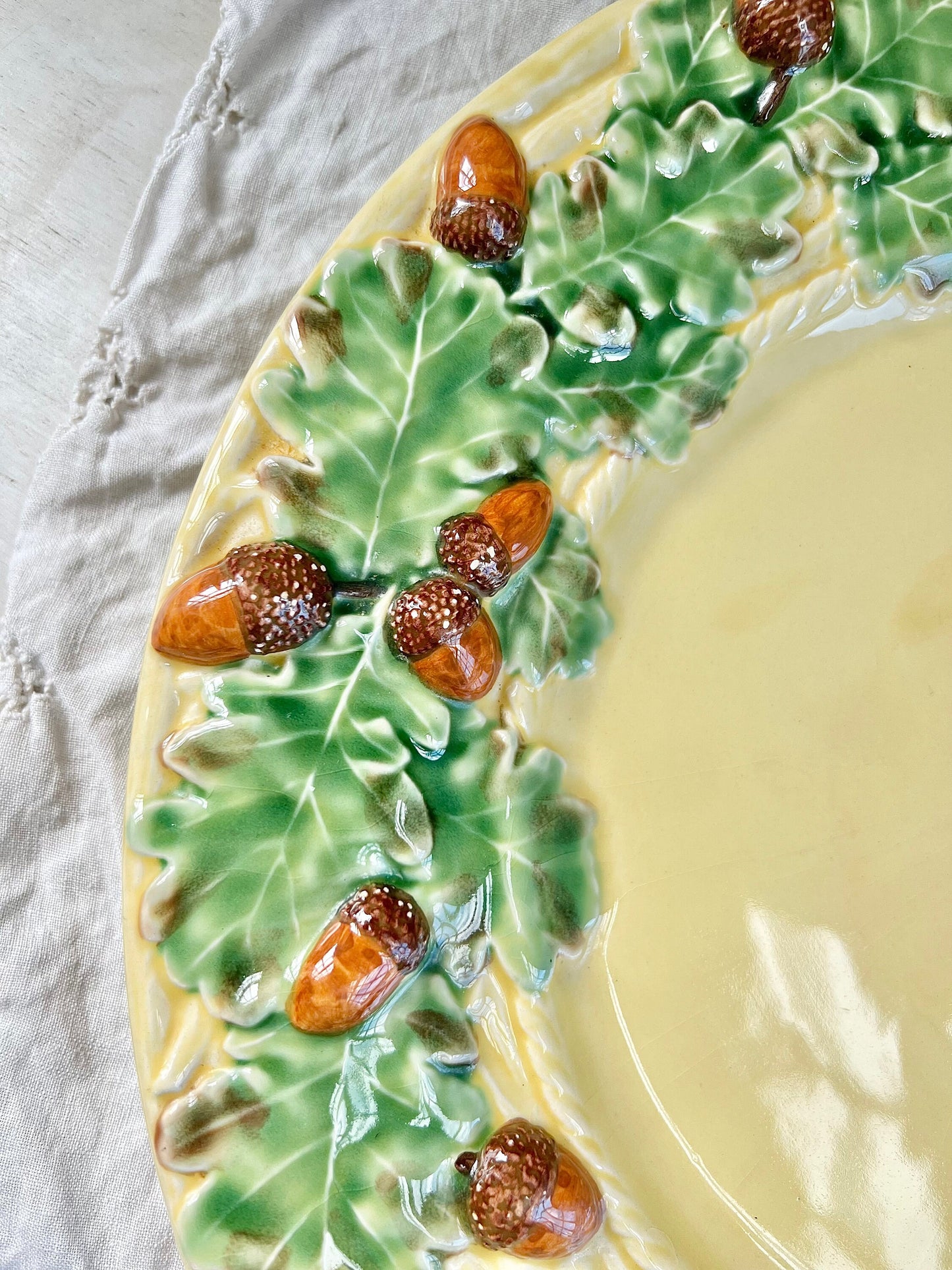 Bordallo Pinheiro Oak Leaf Yellow 13” Chop Plate, Round Platter, Acorns & Oak Leaves