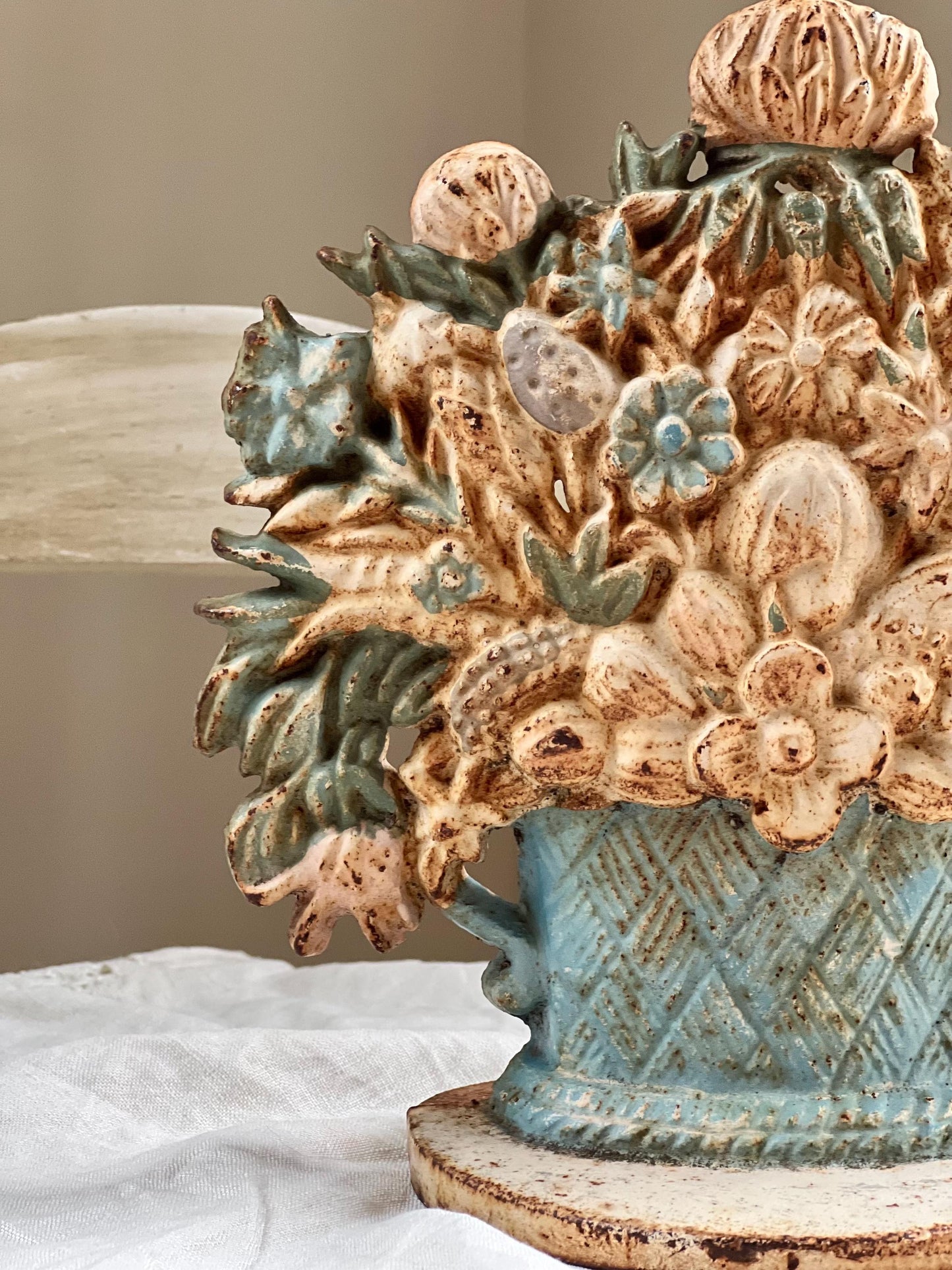 Beautiful Vintage or Antique Cast Iron Flower Bouquet Doorstop with Rustic Patina