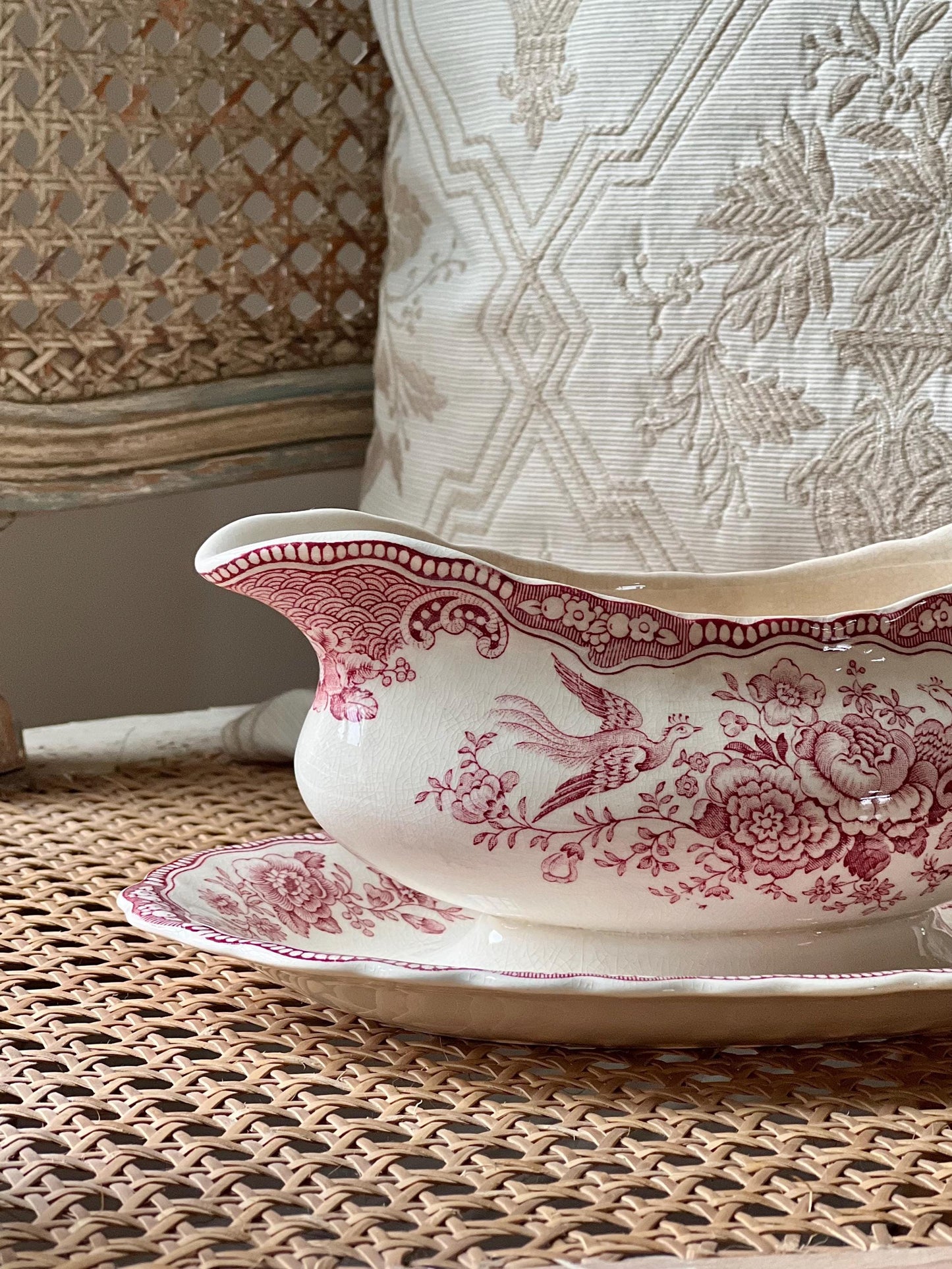 Vintage Crown Ducal Bristol Pink Red Transferware Gravy Boat with Attached Underplate, Distressed Vintage Ironstone Saucier, Made in England