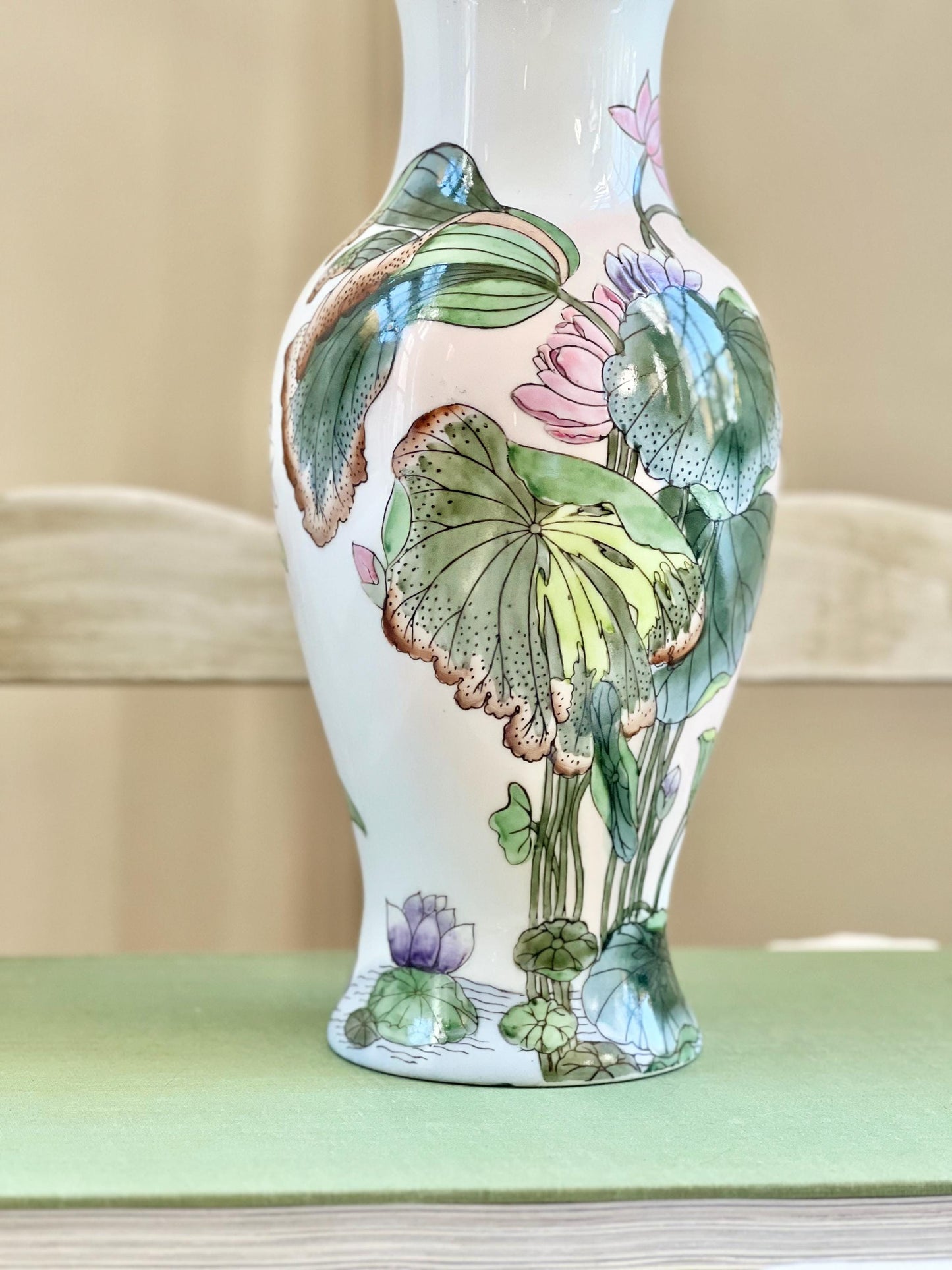 Beautiful Vintage Water Lily Vase, Vintage Toyo Macau Hand Painted Chinese Porcelain Vase with Lily Pads, 10" tall