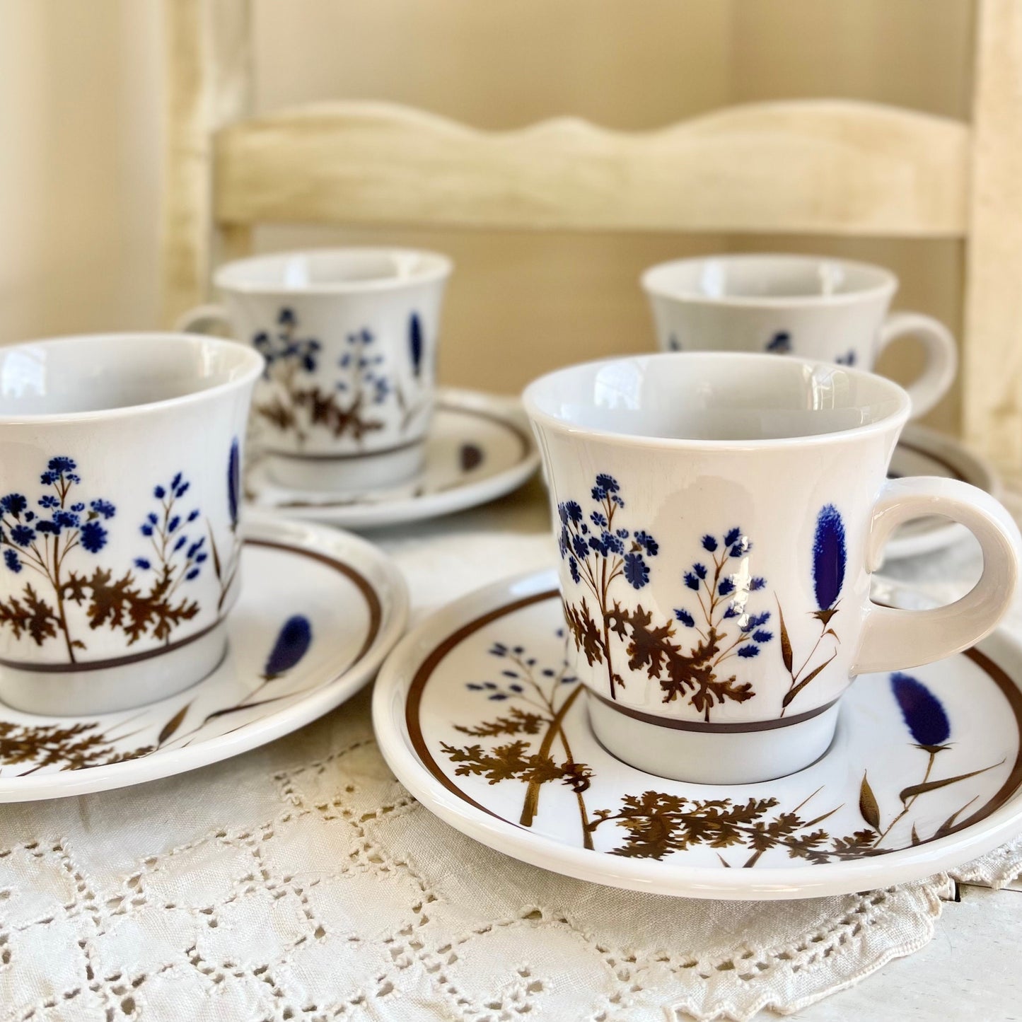 Set of 4, Vintage Winsome by Noritake Primastone, Flat Cup and Saucers, Vintage Stoneware Coffee Mugs, Vintage Stoneware Mugs & Saucers