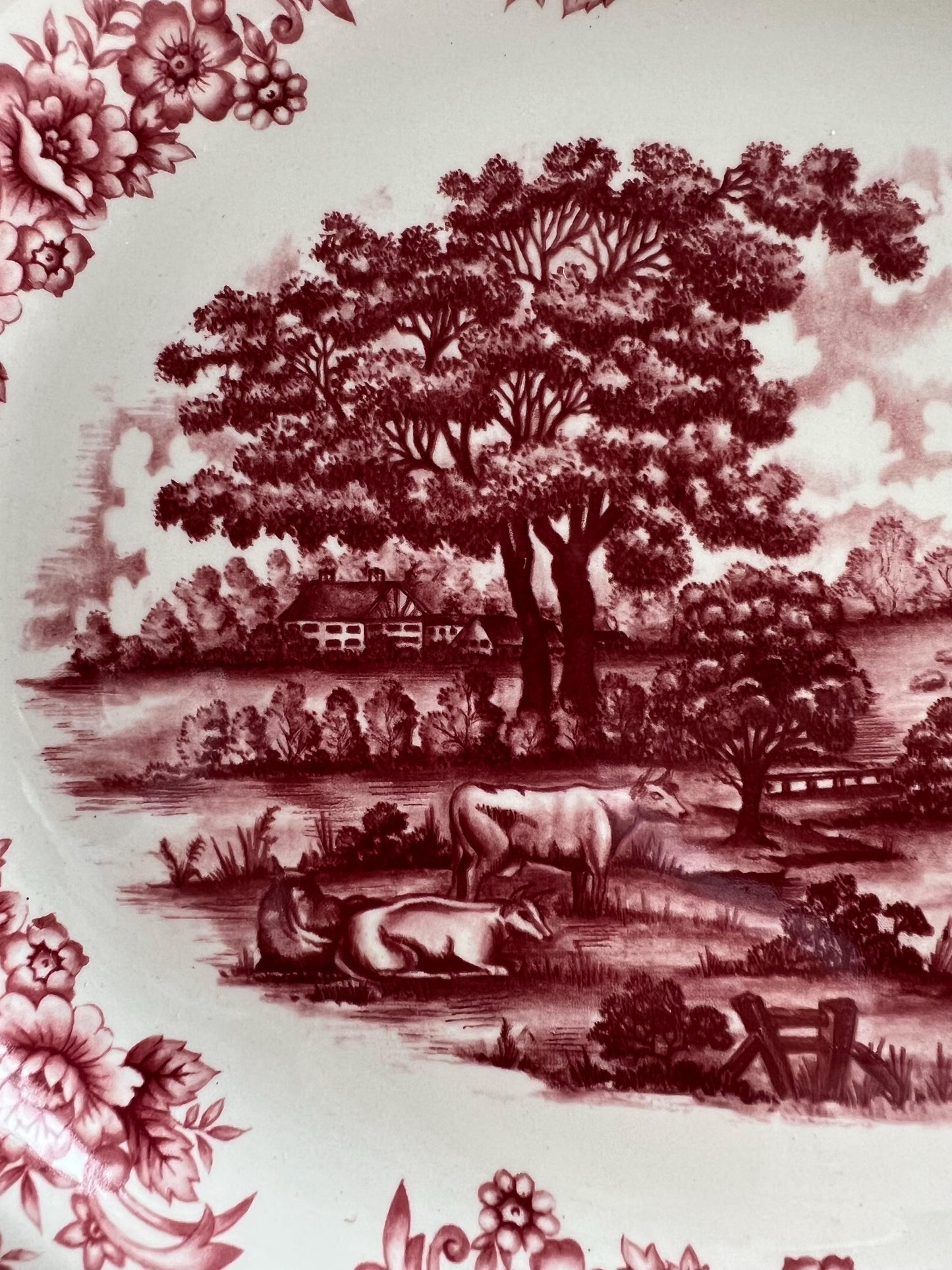 Beautiful Vintage Red Transferware Platter by Myott Meakin, Staffordshire England, Pastotal Scene with Cows, Ironstone Platter, 12 x 10