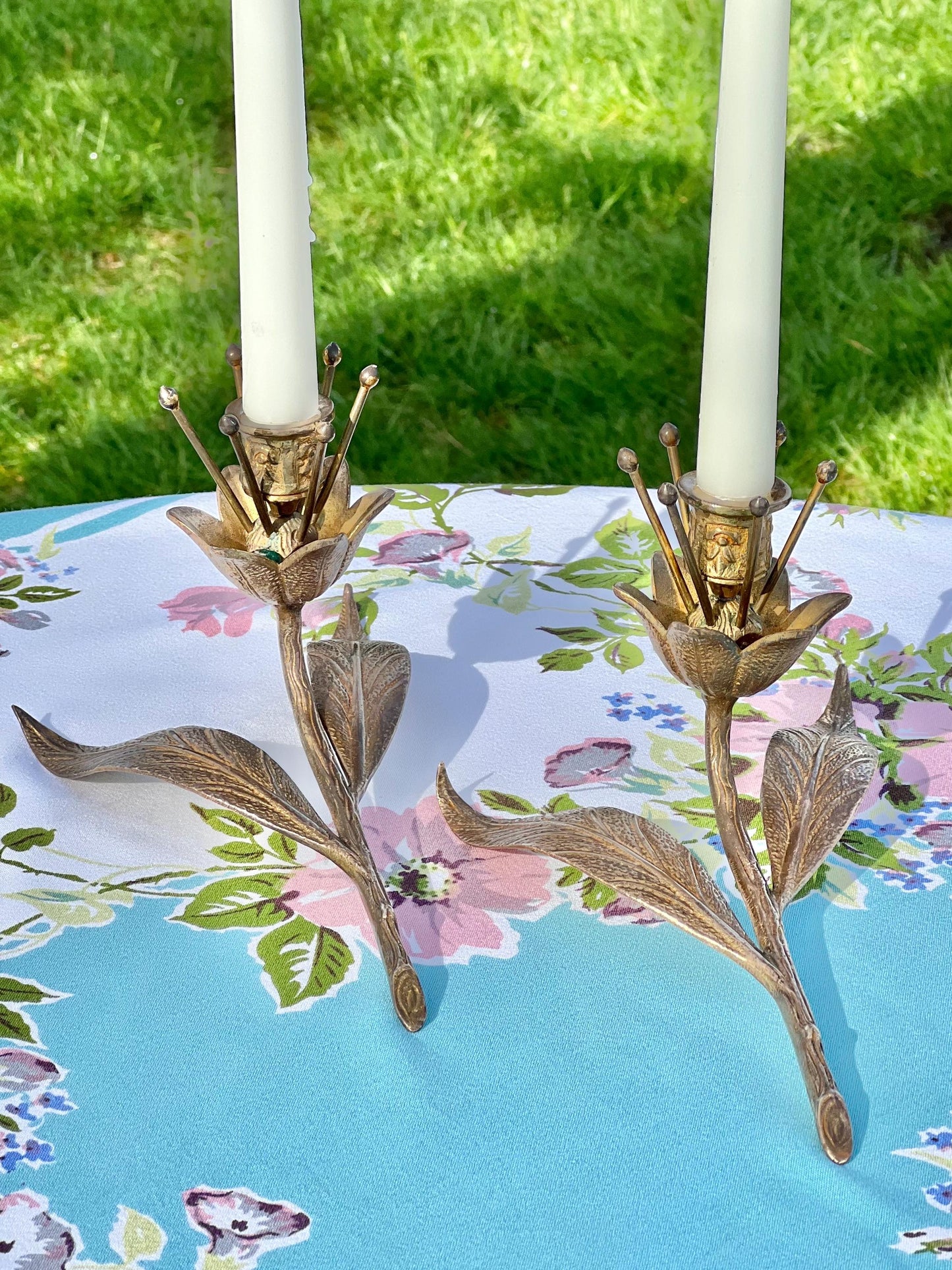 Gorgeous Pair of Vintage Brass Flower Candle Holders, S. Agudo Style Candle Holders